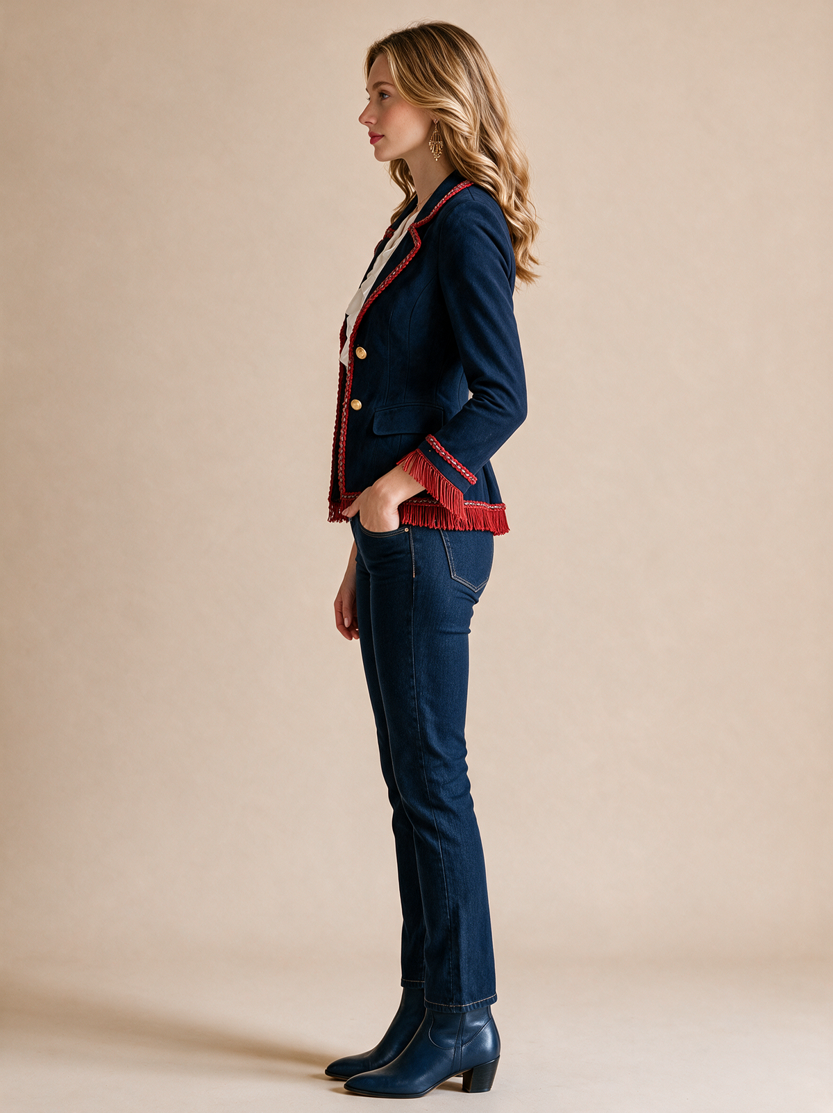 Navy Military-Inspired Blazer Jacket With Red Braided Trim And Fringe Cuffs