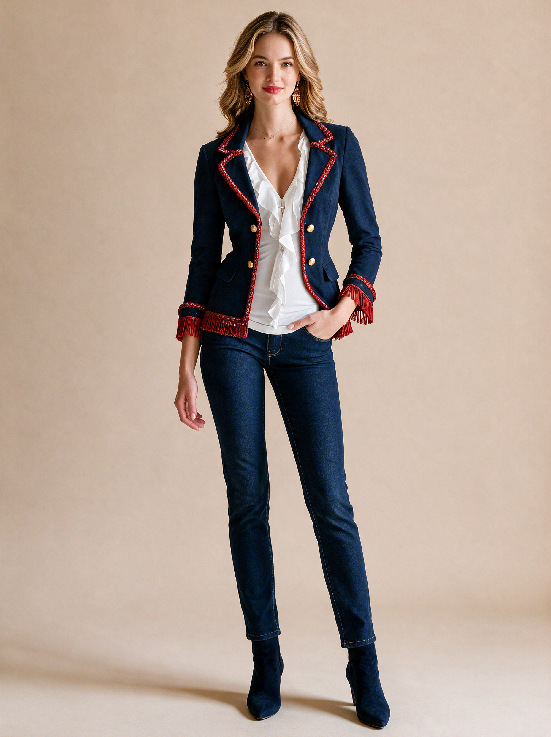 Navy Military-Inspired Blazer Jacket With Red Braided Trim And Fringe Cuffs
