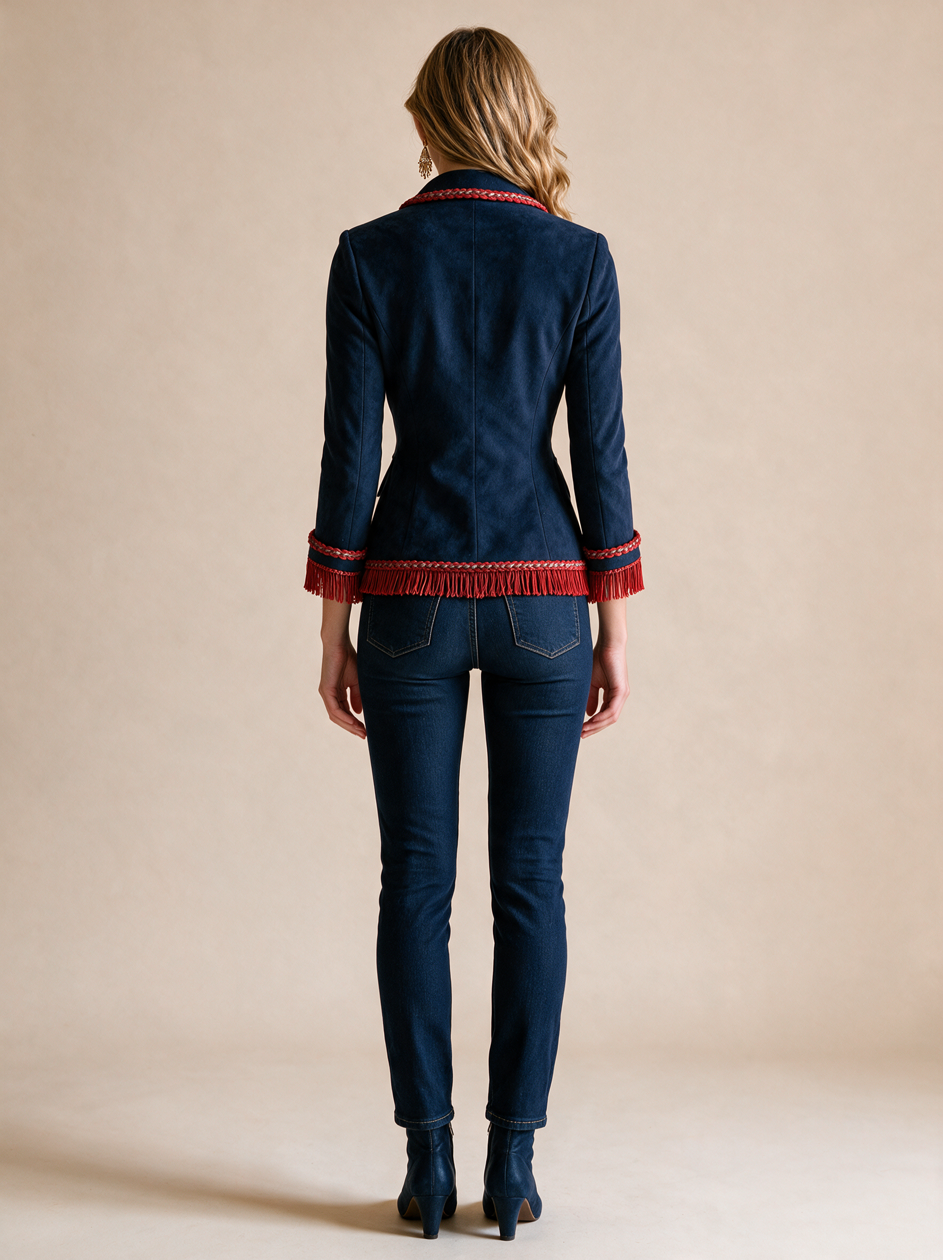 Navy Military-Inspired Blazer Jacket With Red Braided Trim And Fringe Cuffs
