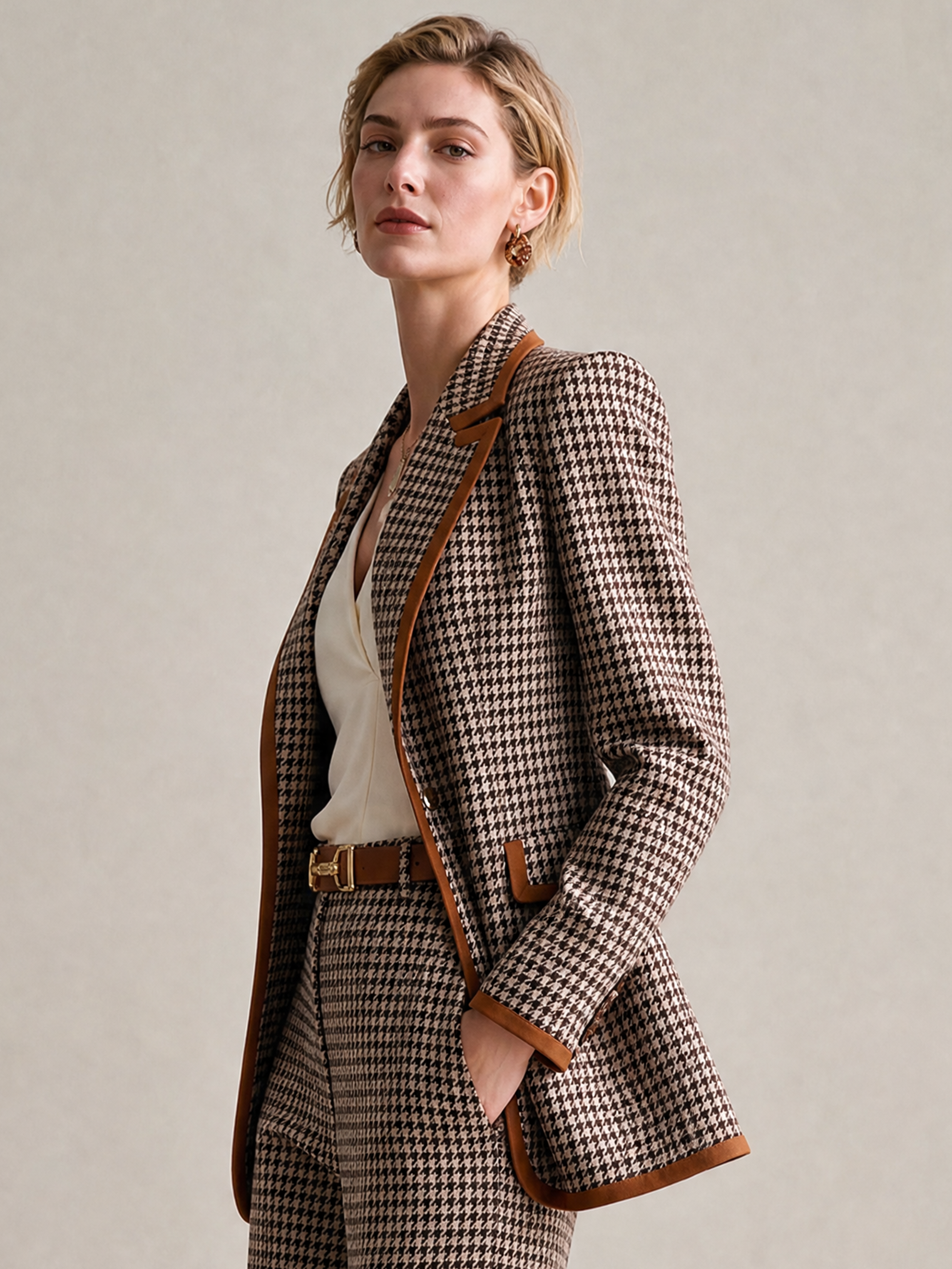Elegant Brown Houndstooth Contrast-Trim Blazer