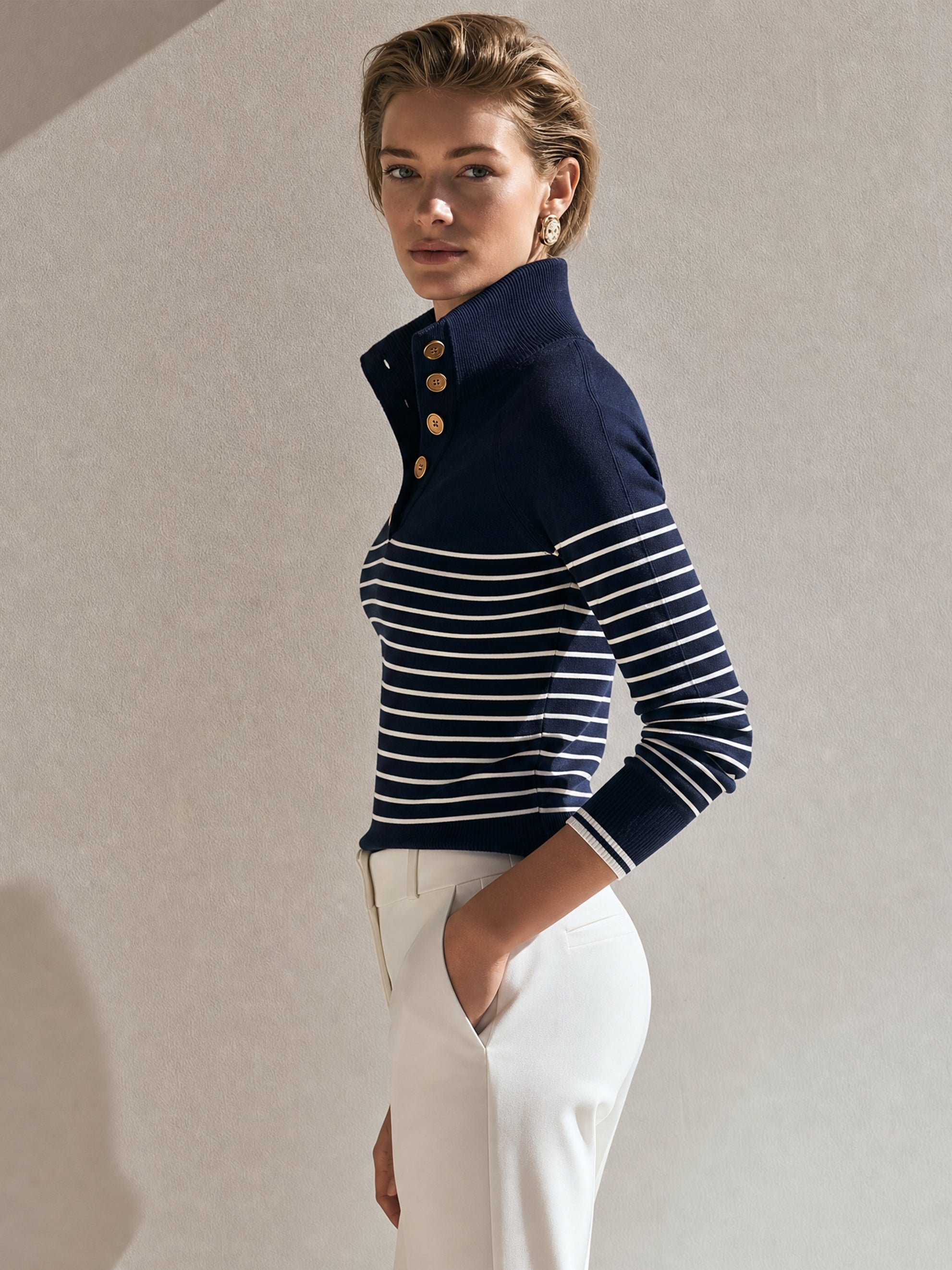 Navy‑White Breton‑Stripe Knit Pullover Sweater