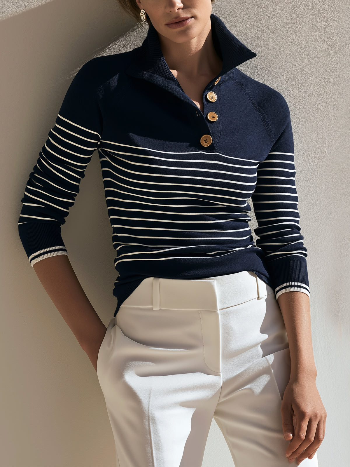 Navy‑White Breton‑Stripe Knit Pullover Sweater