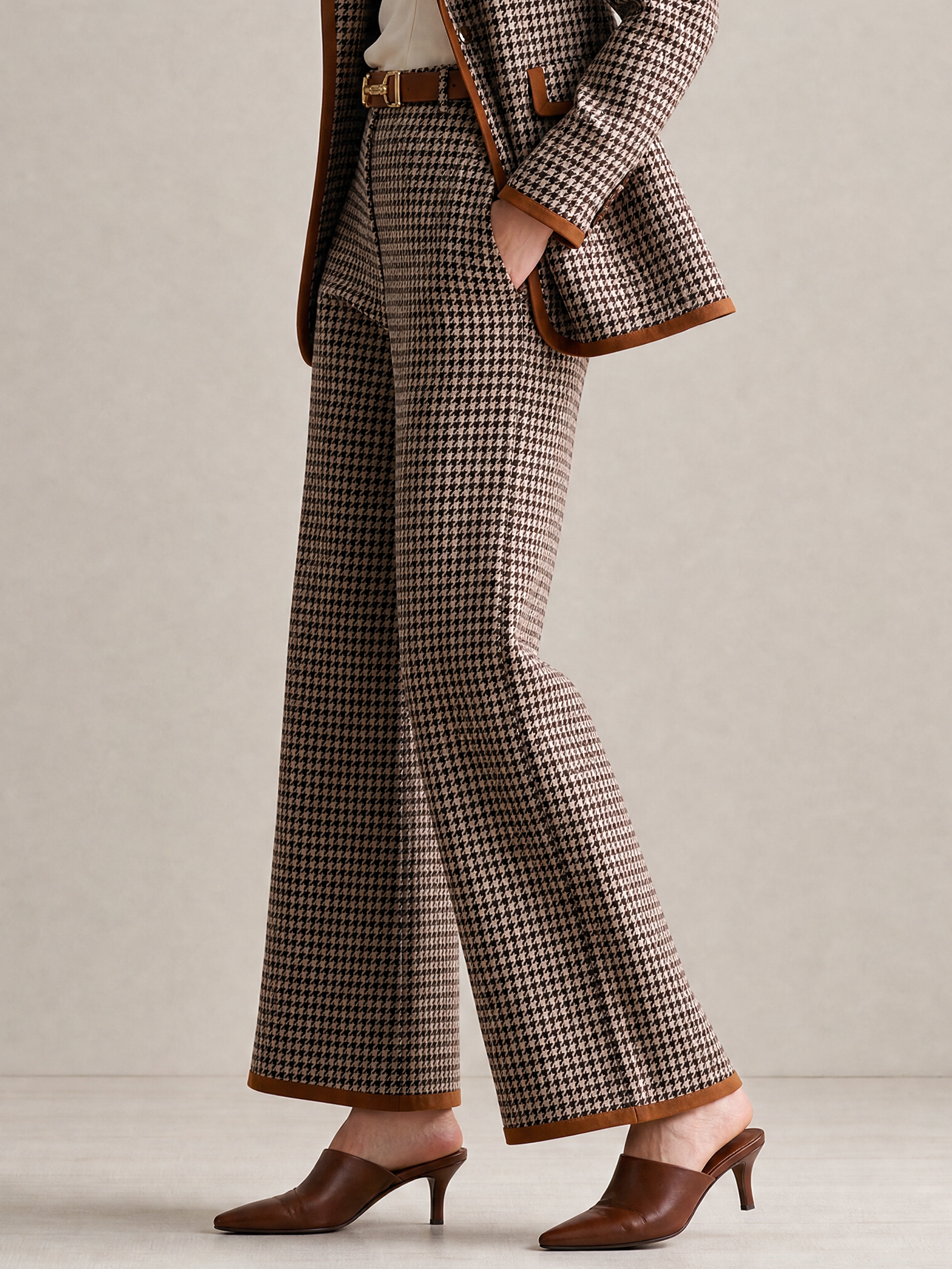 Elegant Brown Houndstooth Contrast-Trim Wide-Leg Trousers