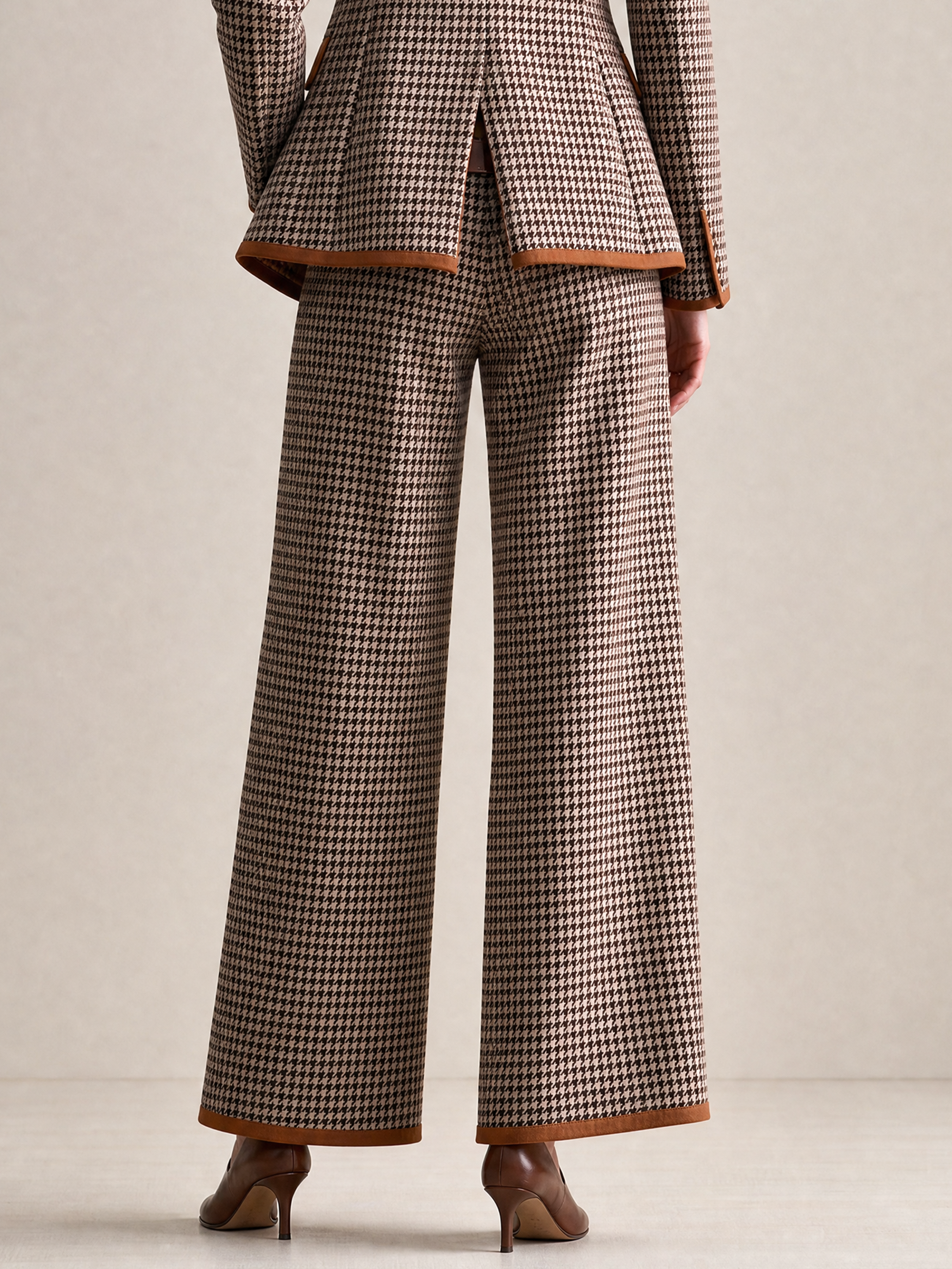 Elegant Brown Houndstooth Contrast-Trim Wide-Leg Trousers