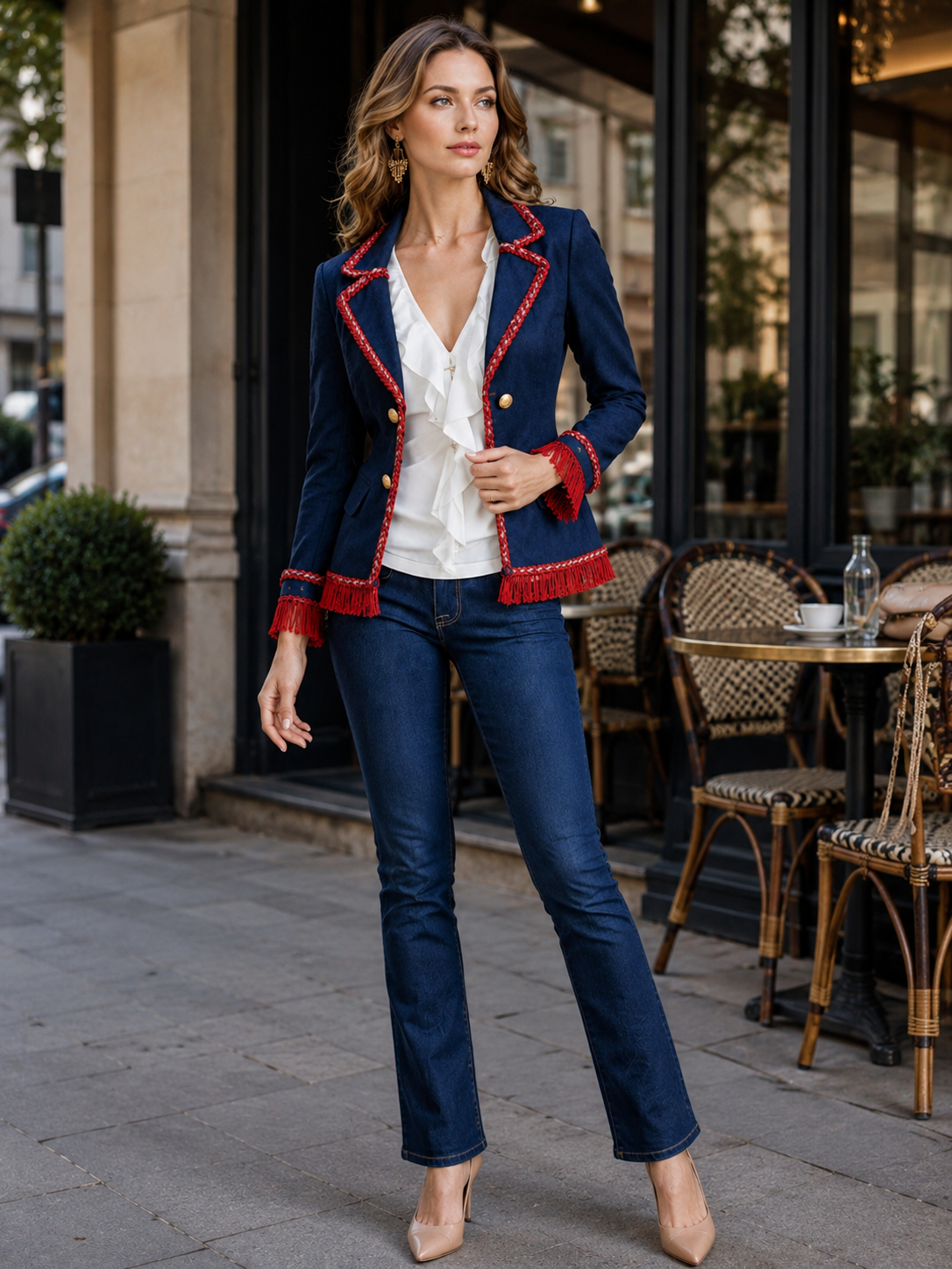 Navy Military-Inspired Blazer Jacket With Red Braided Trim And Fringe Cuffs