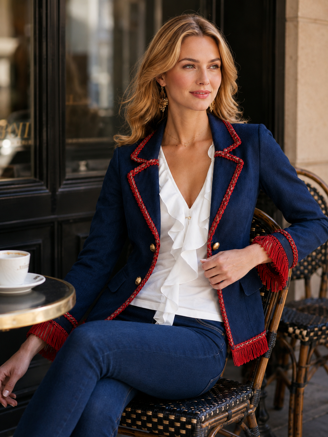 Navy Military-Inspired Blazer Jacket With Red Braided Trim And Fringe Cuffs