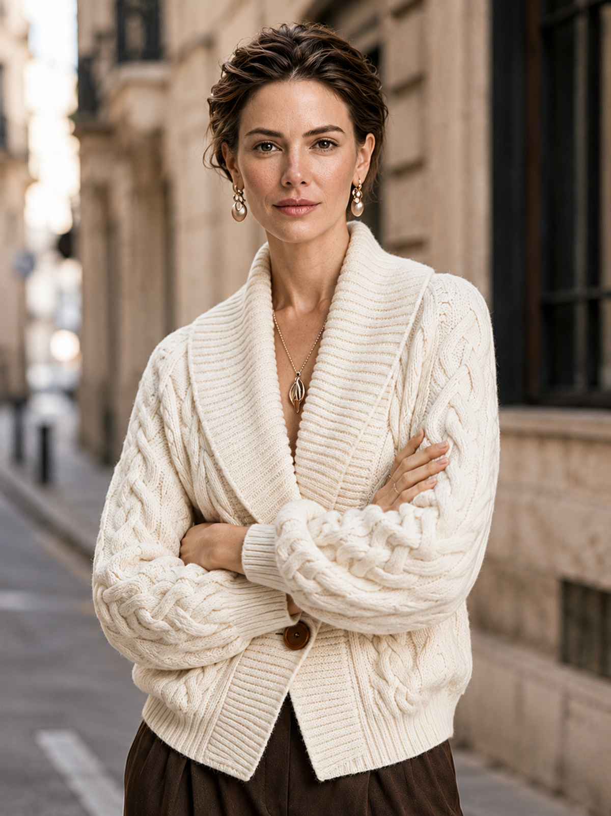 Elegant Ivory Cable-Knit Shawl Collar Cardigan