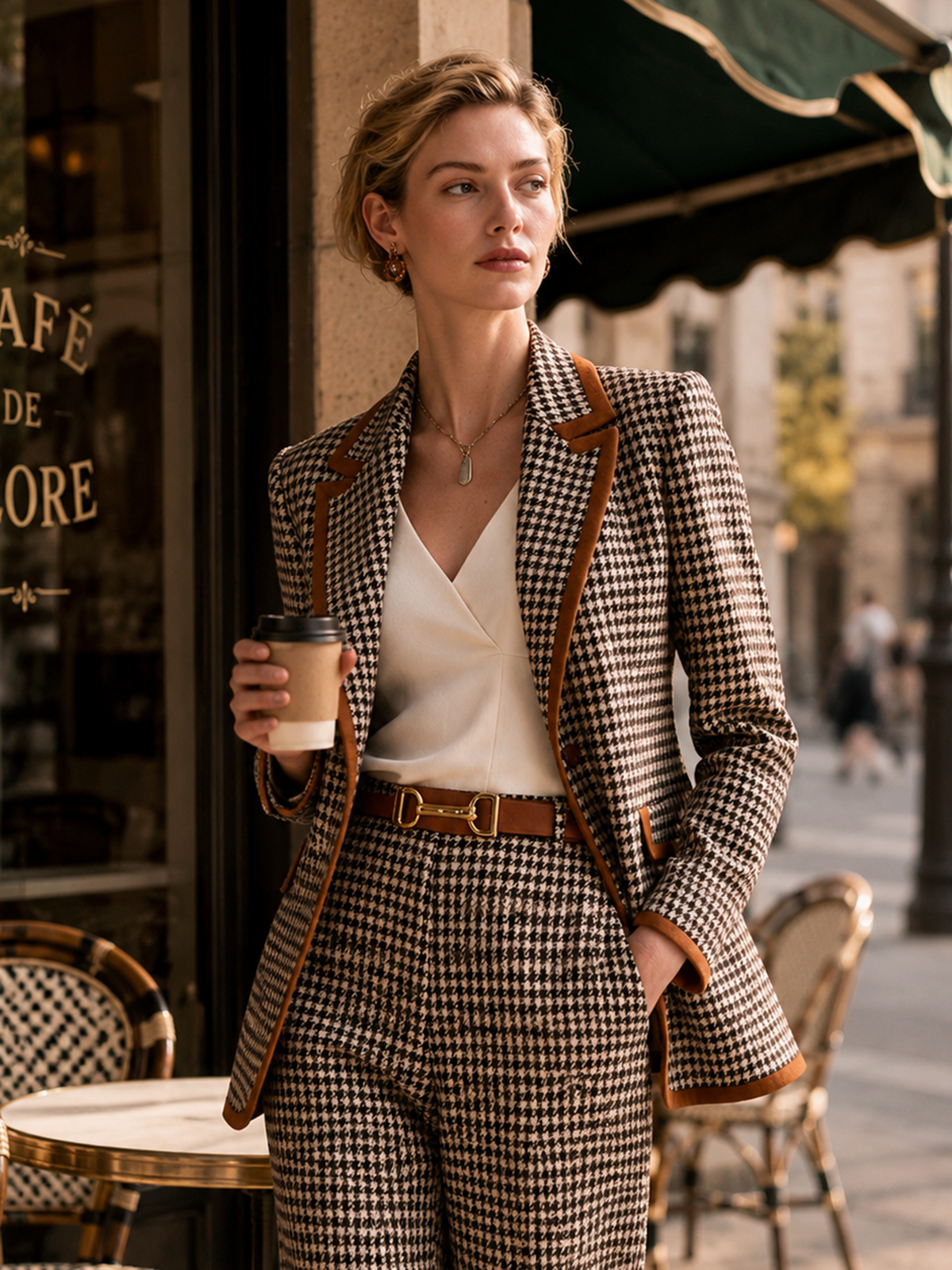 Elegant Brown Houndstooth Contrast-Trim Blazer