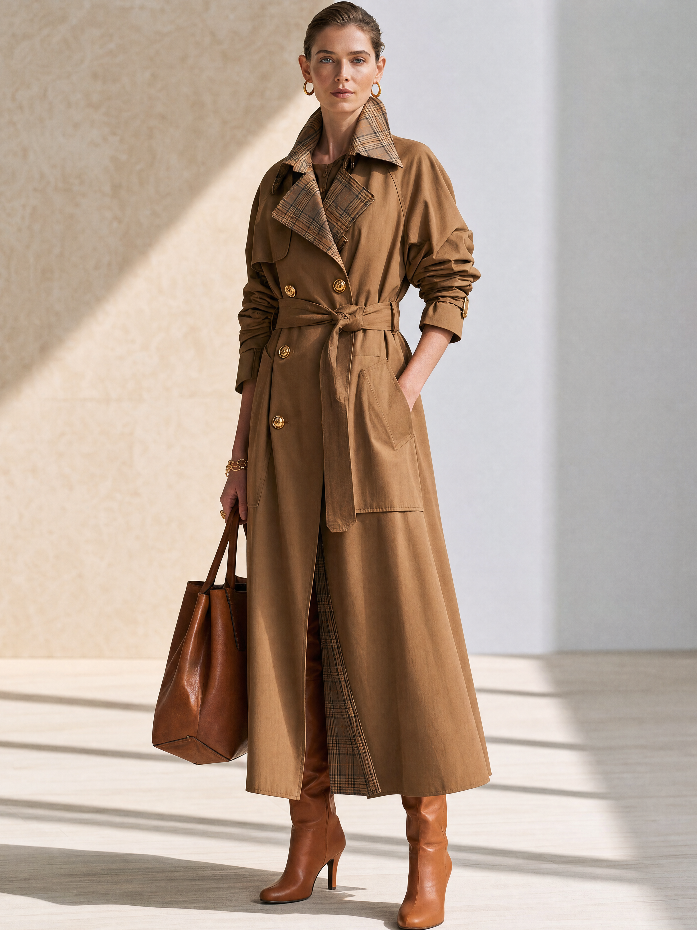 Khaki Plaid‑Lined Belted Double‑Breasted Long Trench Coat