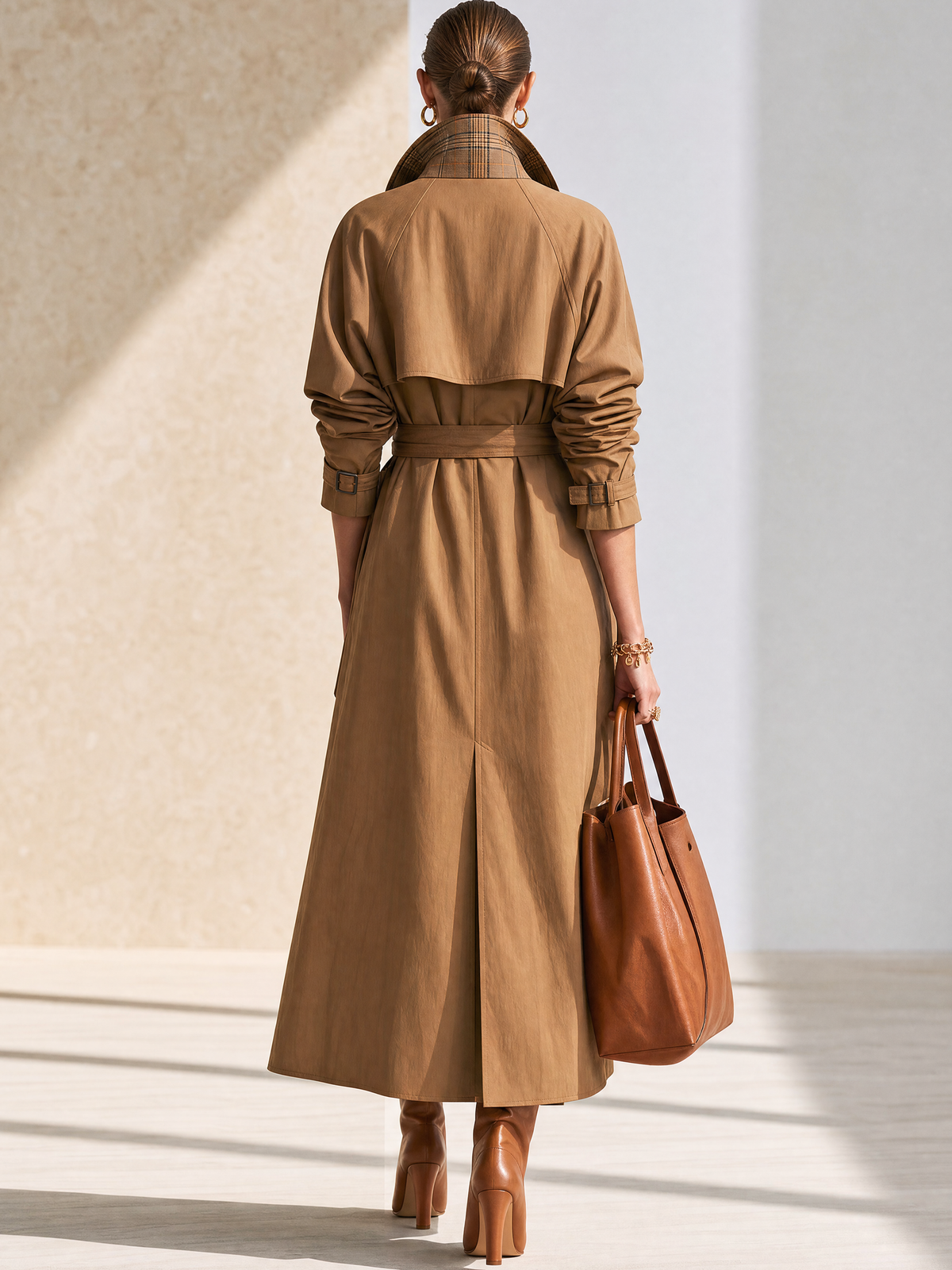 Khaki Plaid‑Lined Belted Double‑Breasted Long Trench Coat