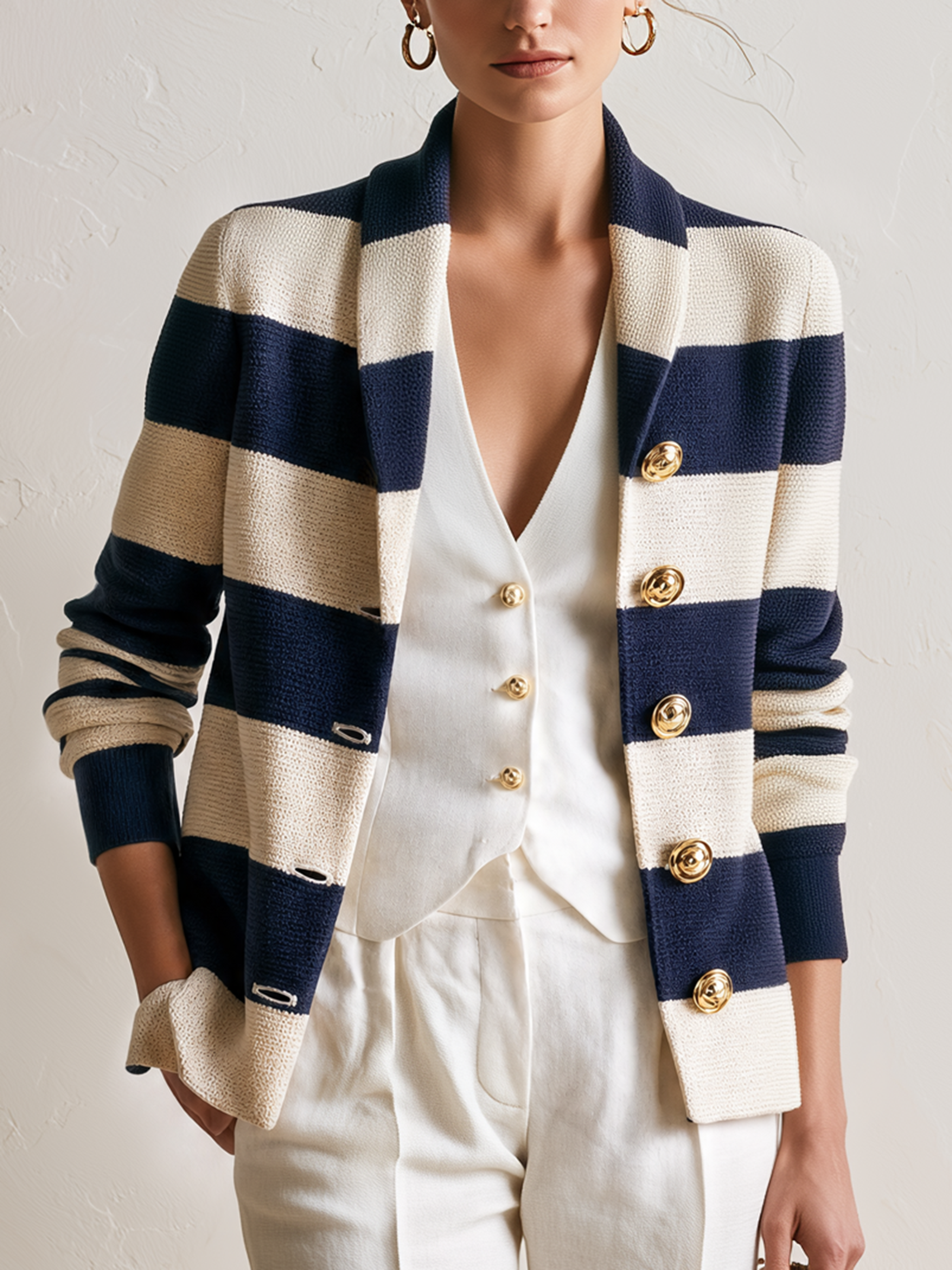 Navy‑Ivory Stripe Shawl‑Collar Gold‑Button Knit Blazer Cardigan