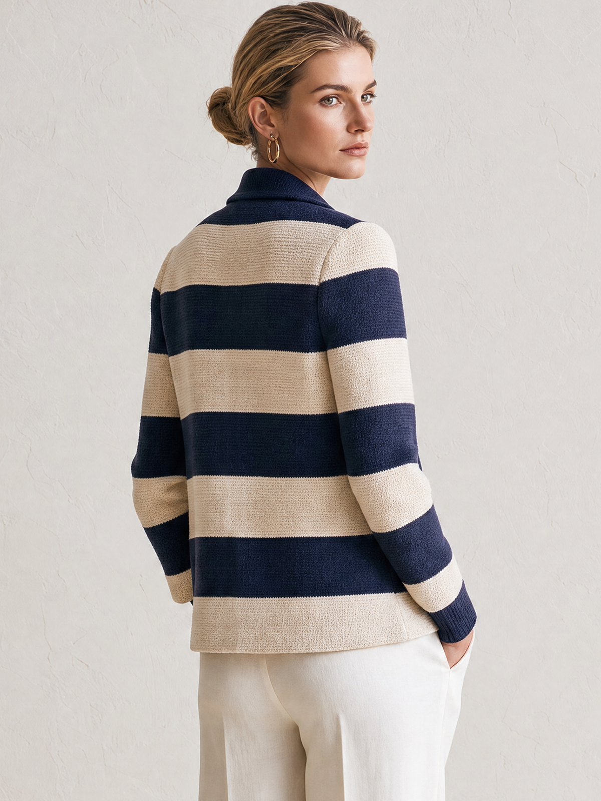 Navy‑Ivory Stripe Shawl‑Collar Gold‑Button Knit Blazer Cardigan