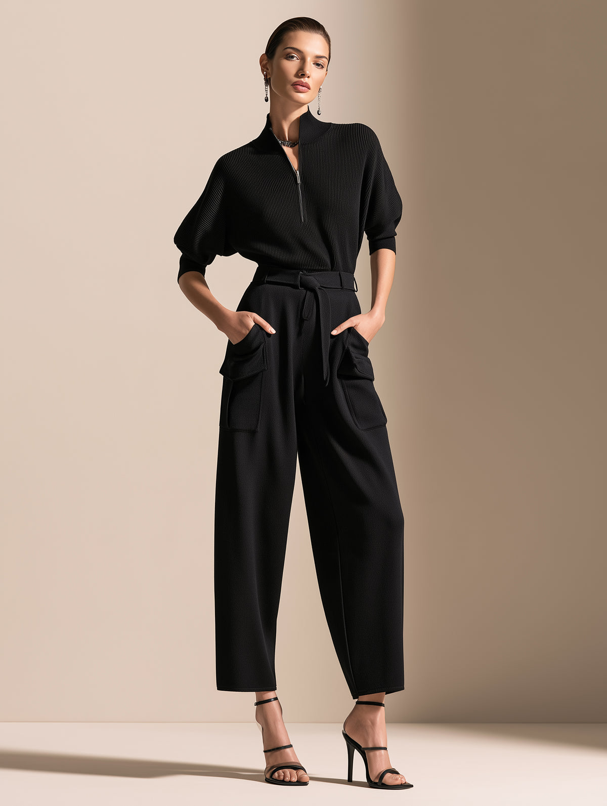 Elegant Black Ribbed Knit Jumpsuit
