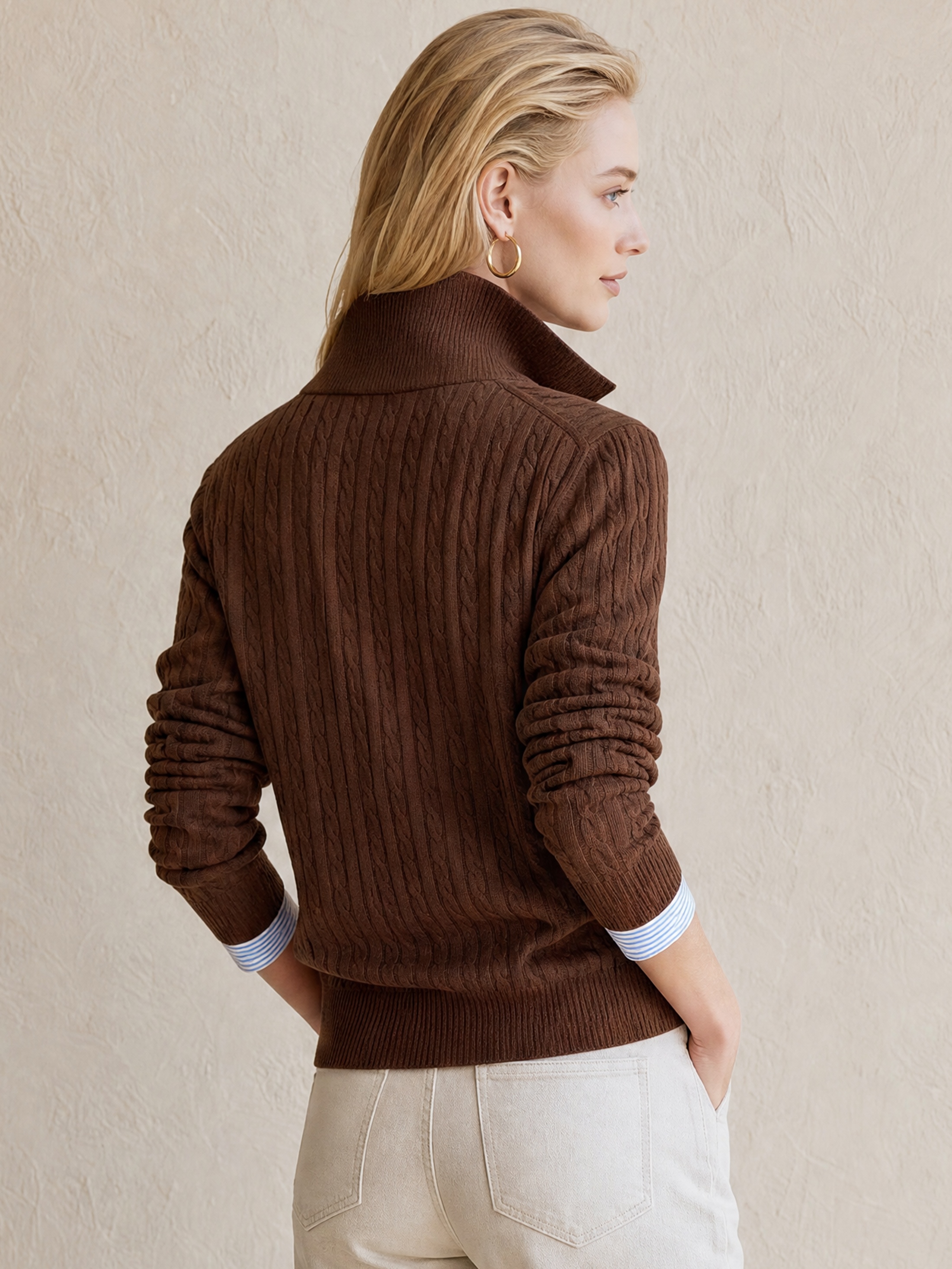 Brown Cable‑Knit Collared Fake‑Layer Pullover Sweater