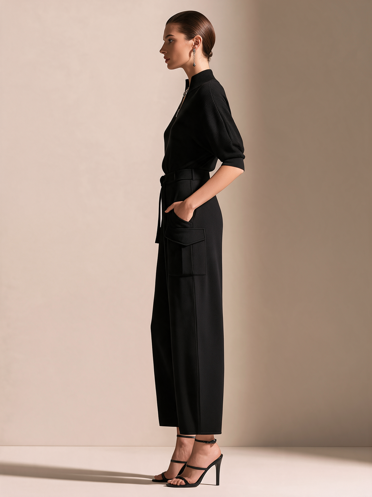 Elegant Black Ribbed Knit Jumpsuit