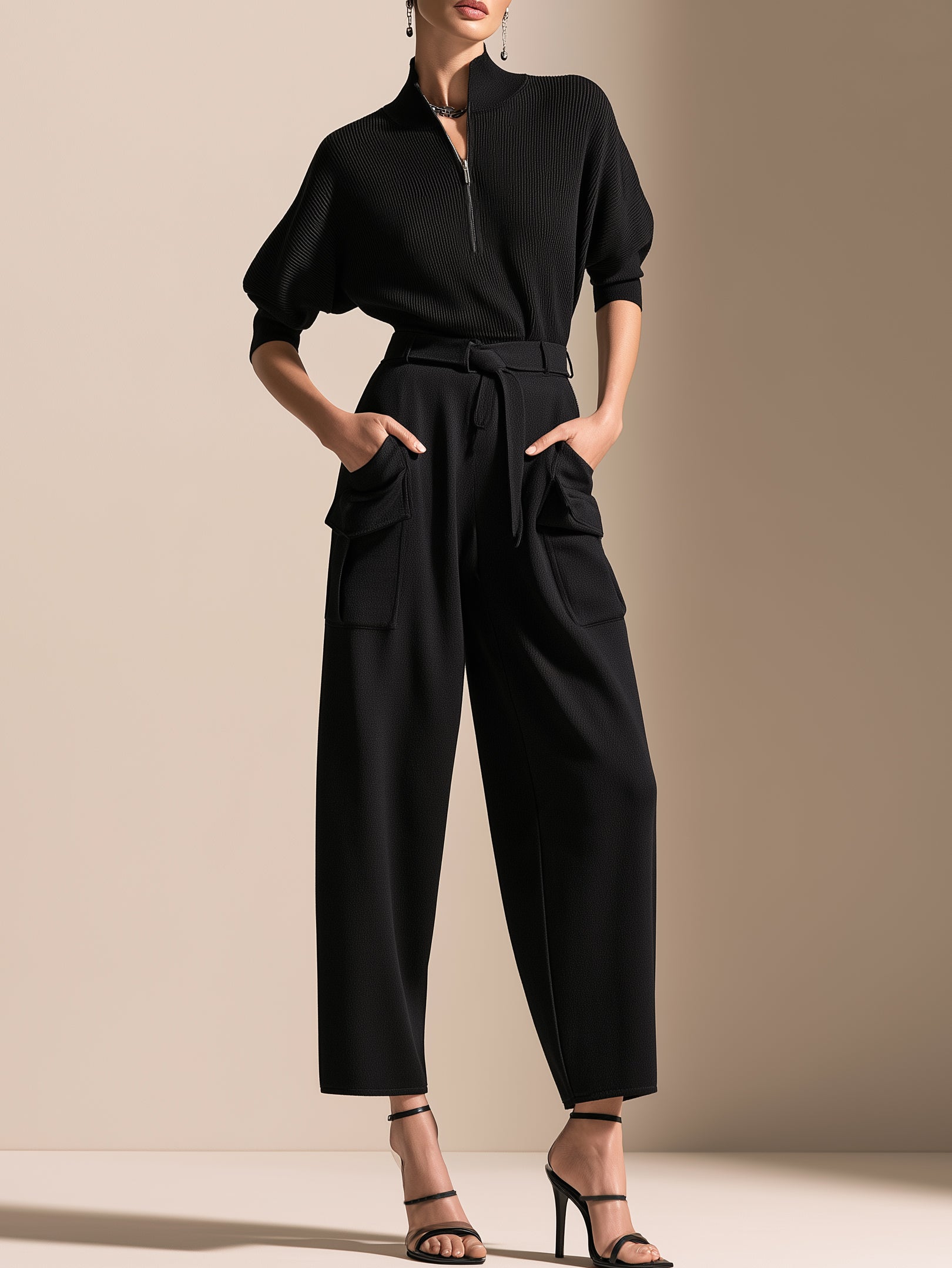 Elegant Black Ribbed Knit Jumpsuit