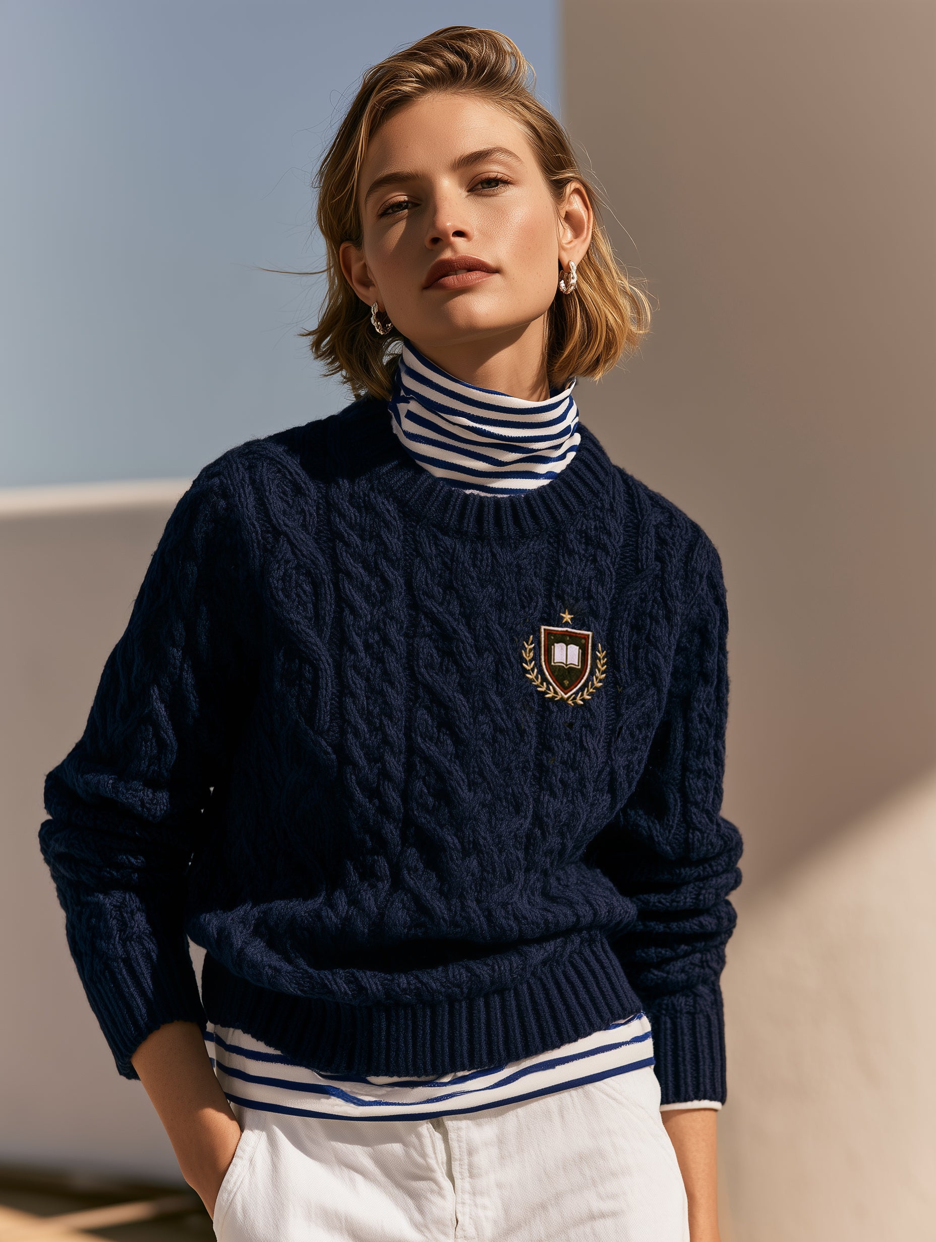 Elegant Navy Blue Cable-knit Striped Mock-neck Faux-layered Top