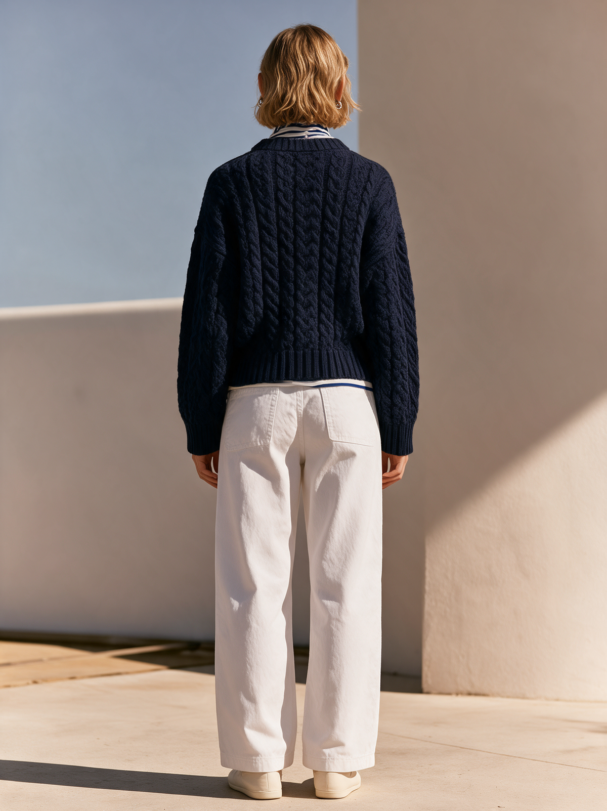 Elegant Navy Blue Cable-knit Striped Mock-neck Faux-layered Top