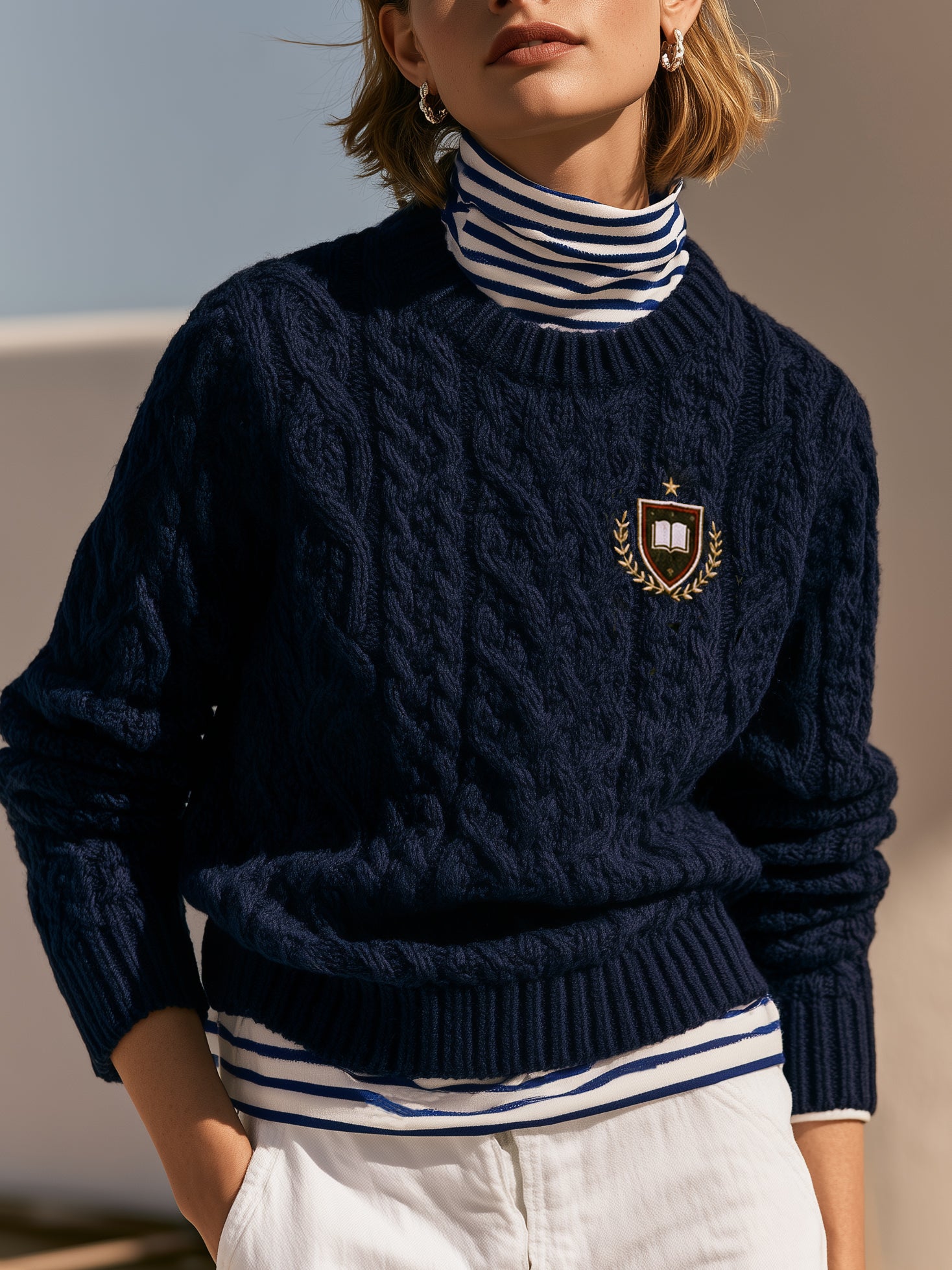 Elegant Navy Blue Cable-knit Striped Mock-neck Faux-layered Top