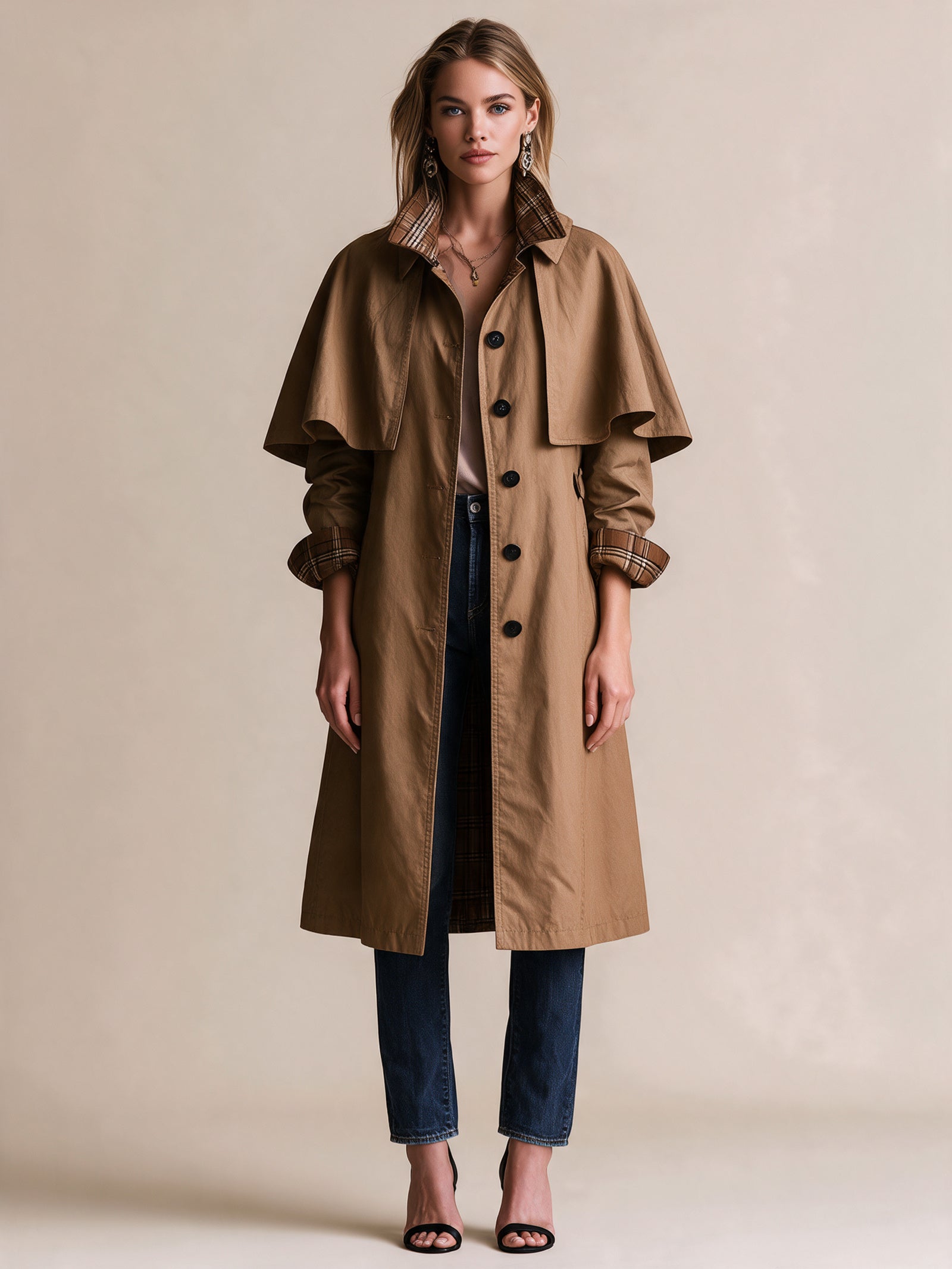 Camel Cape Trench Coat With Plaid Lining And Button Front