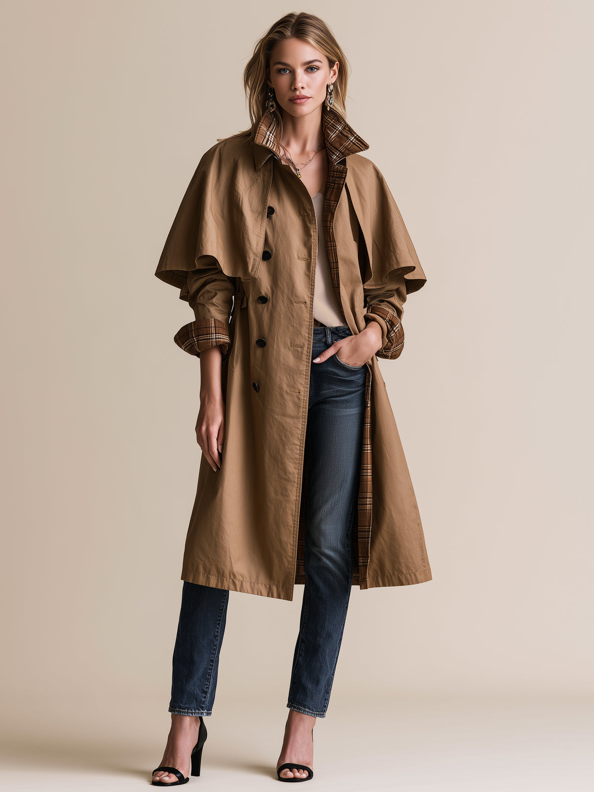 Camel Cape Trench Coat With Plaid Lining And Button Front