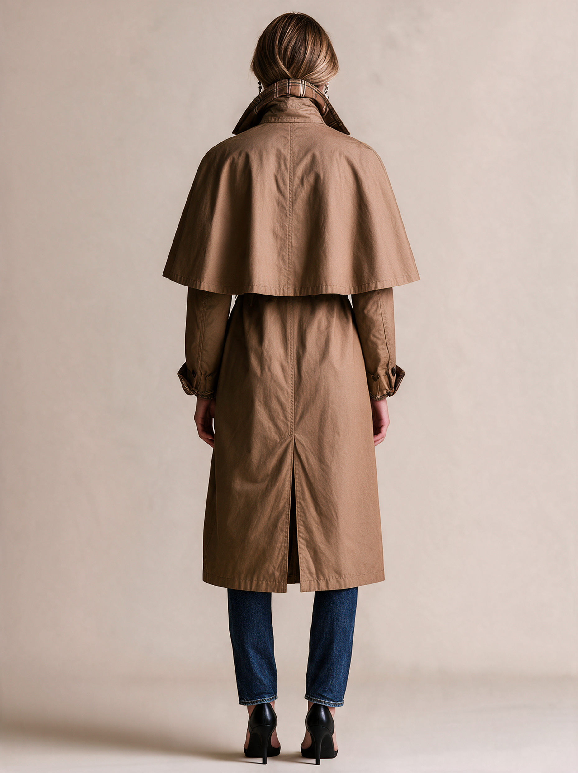 Camel Cape Trench Coat With Plaid Lining And Button Front