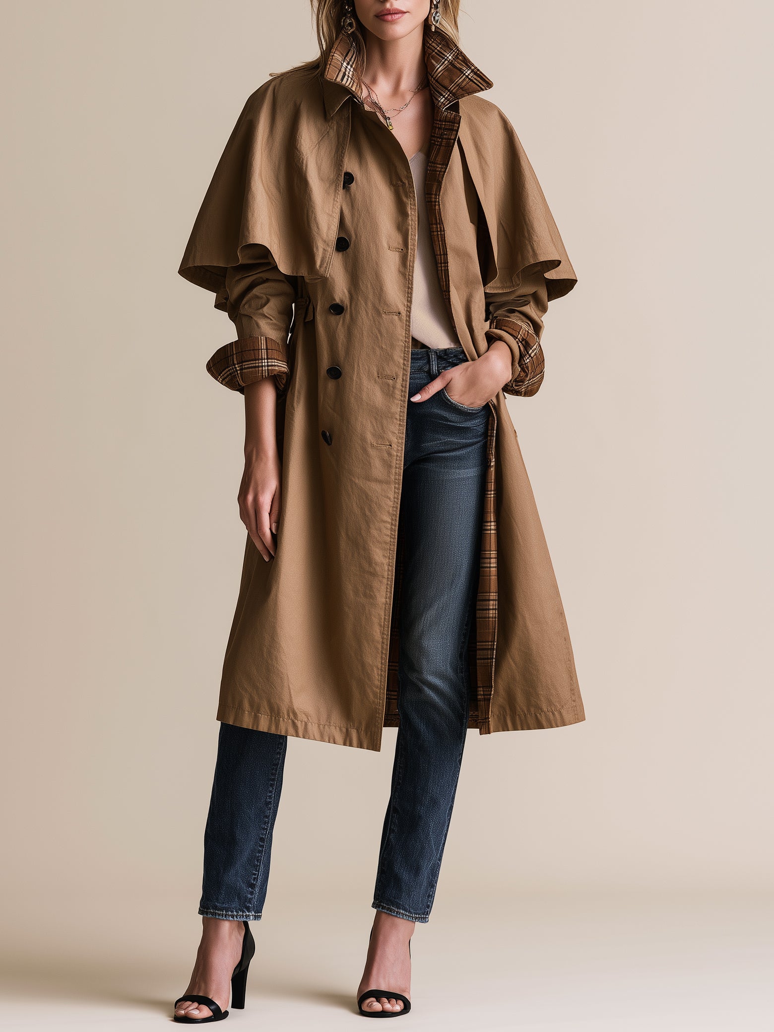 Camel Cape Trench Coat With Plaid Lining And Button Front