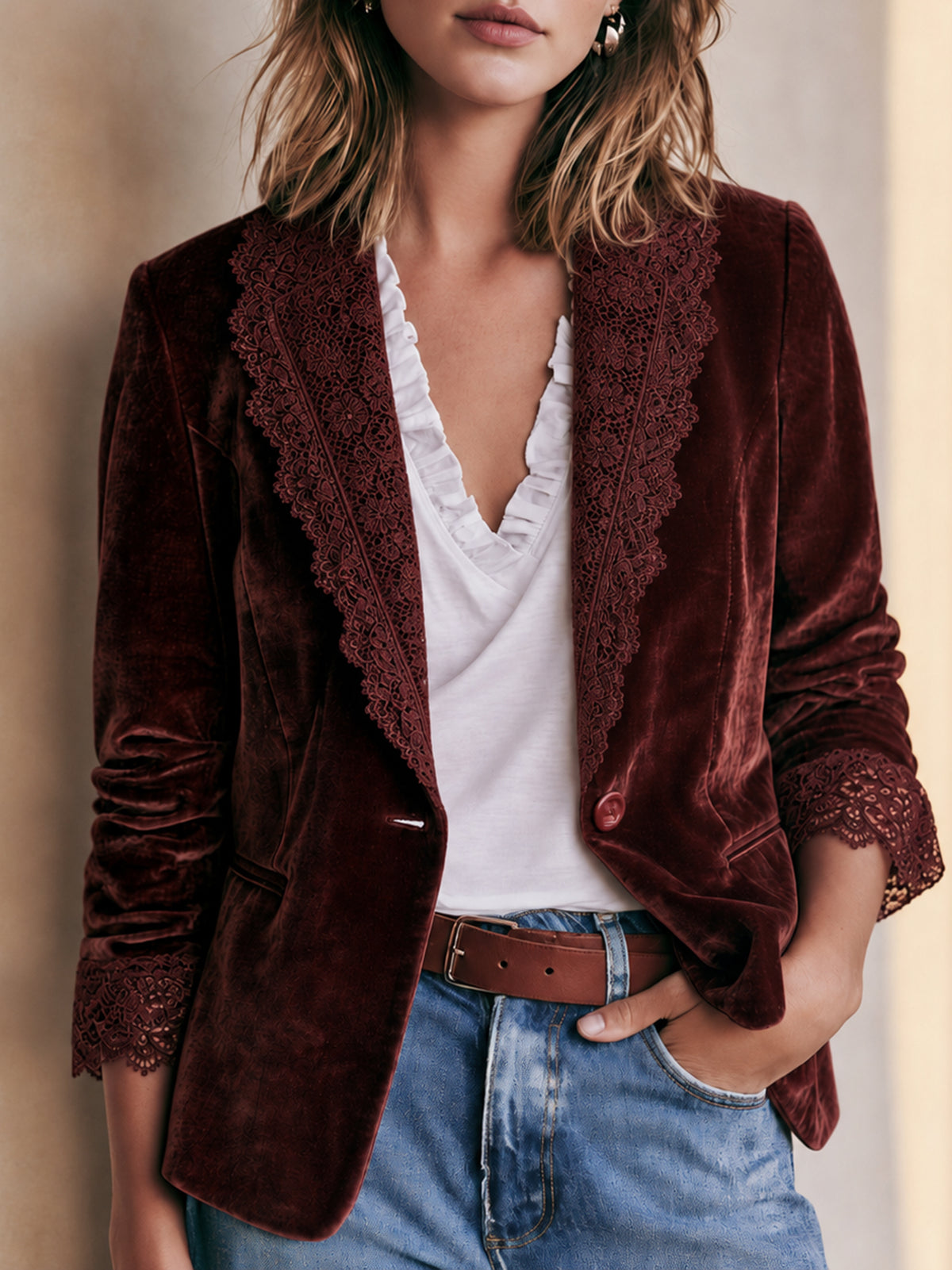 Burgundy Velvet Blazer Jacket With Lace Trim And Single Button Closure