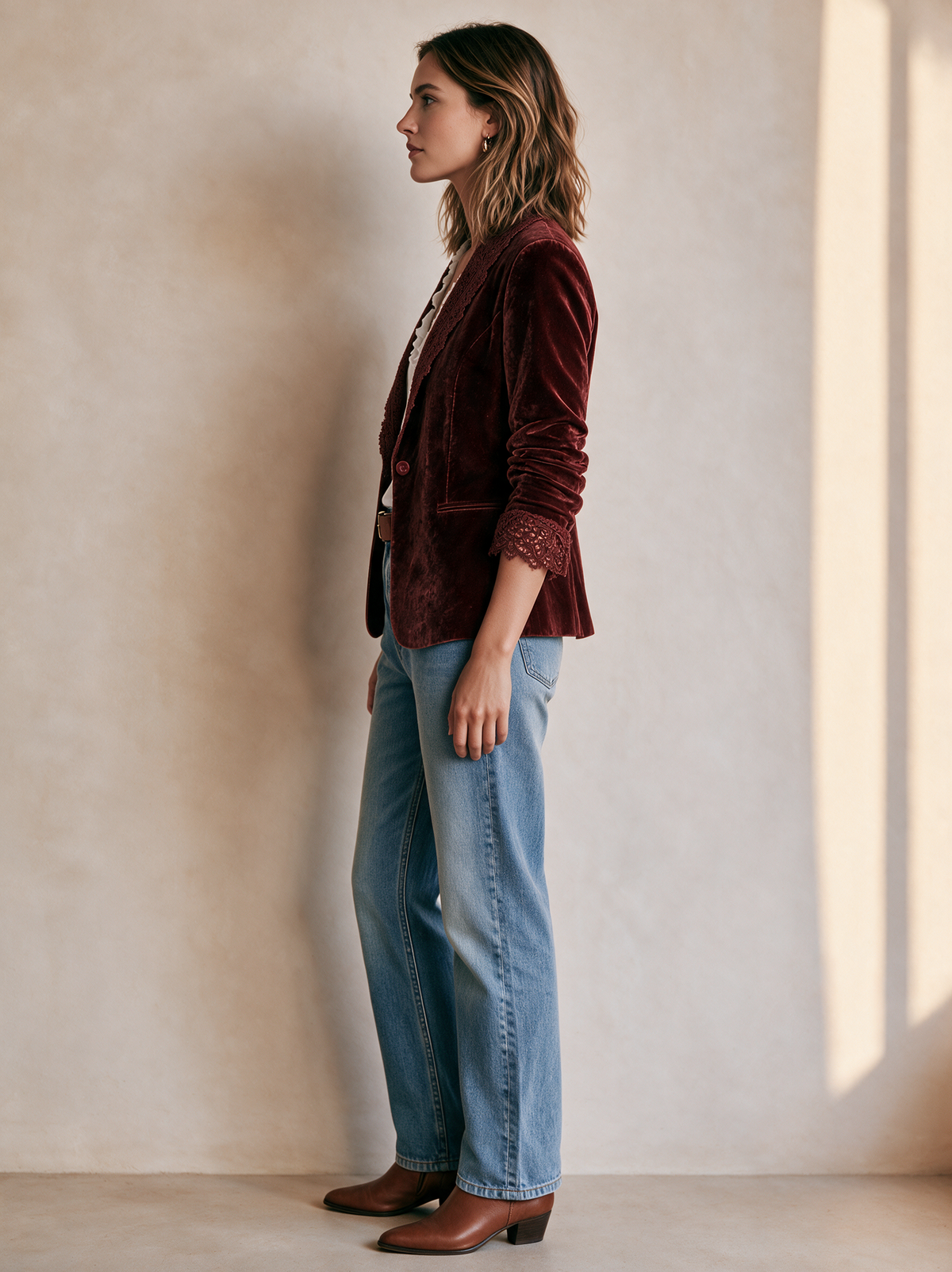 Burgundy Velvet Blazer Jacket With Lace Trim And Single Button Closure