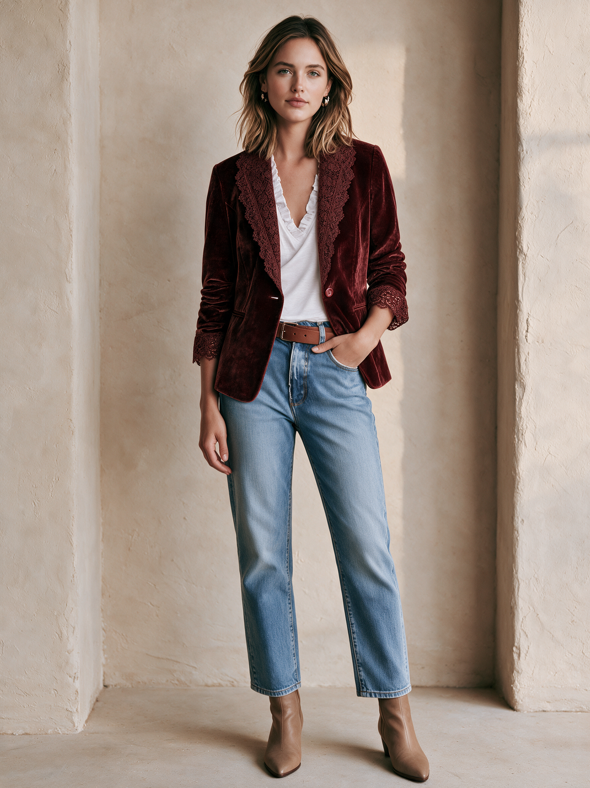 Burgundy Velvet Blazer Jacket With Lace Trim And Single Button Closure
