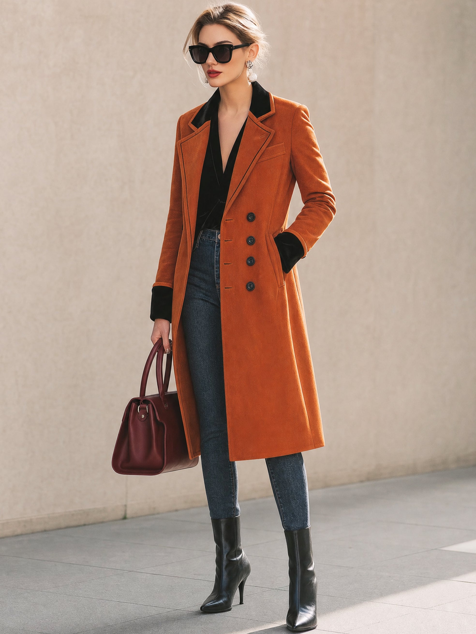 Suede‑Effect Long Coat Overcoat