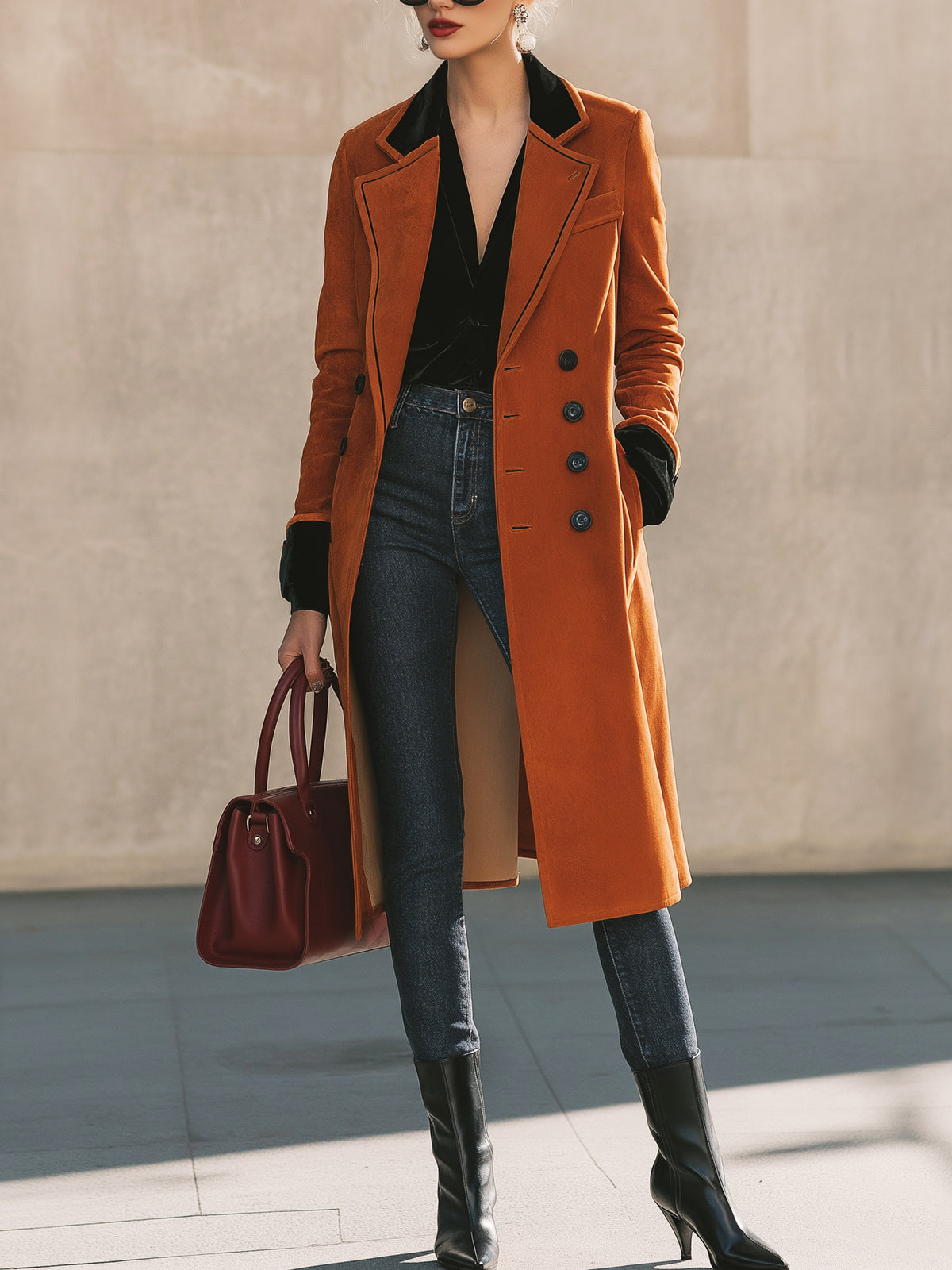 Suede‑Effect Long Coat Overcoat