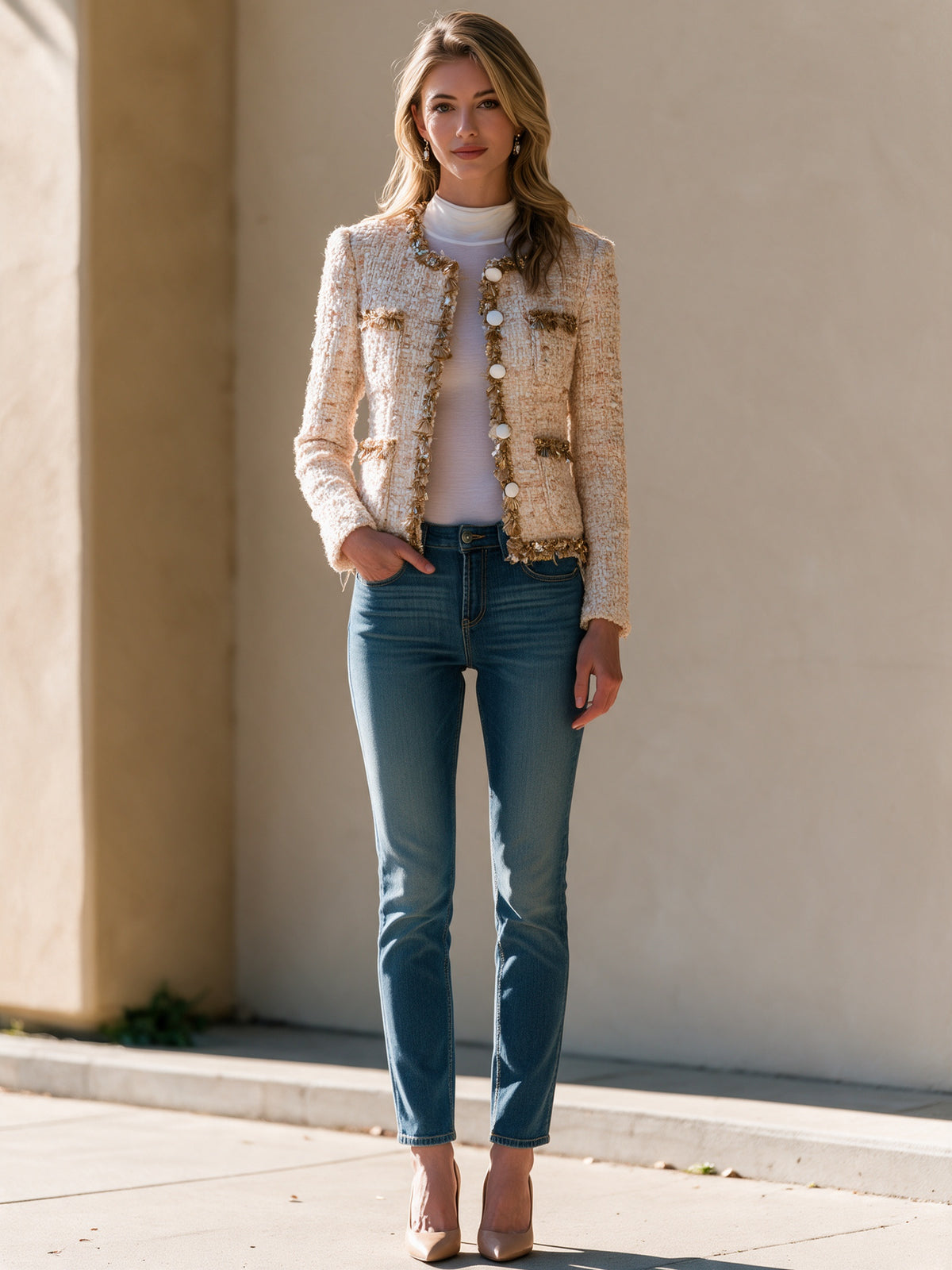 Ivory Tweed Fringe-Trim Button Jacket