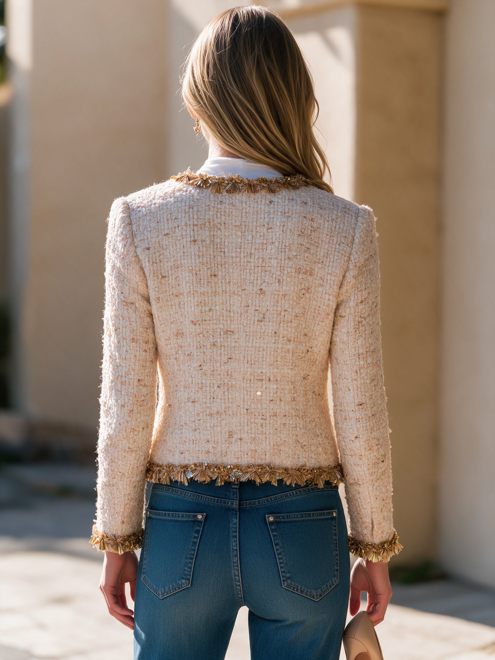 Ivory Tweed Fringe-Trim Button Jacket