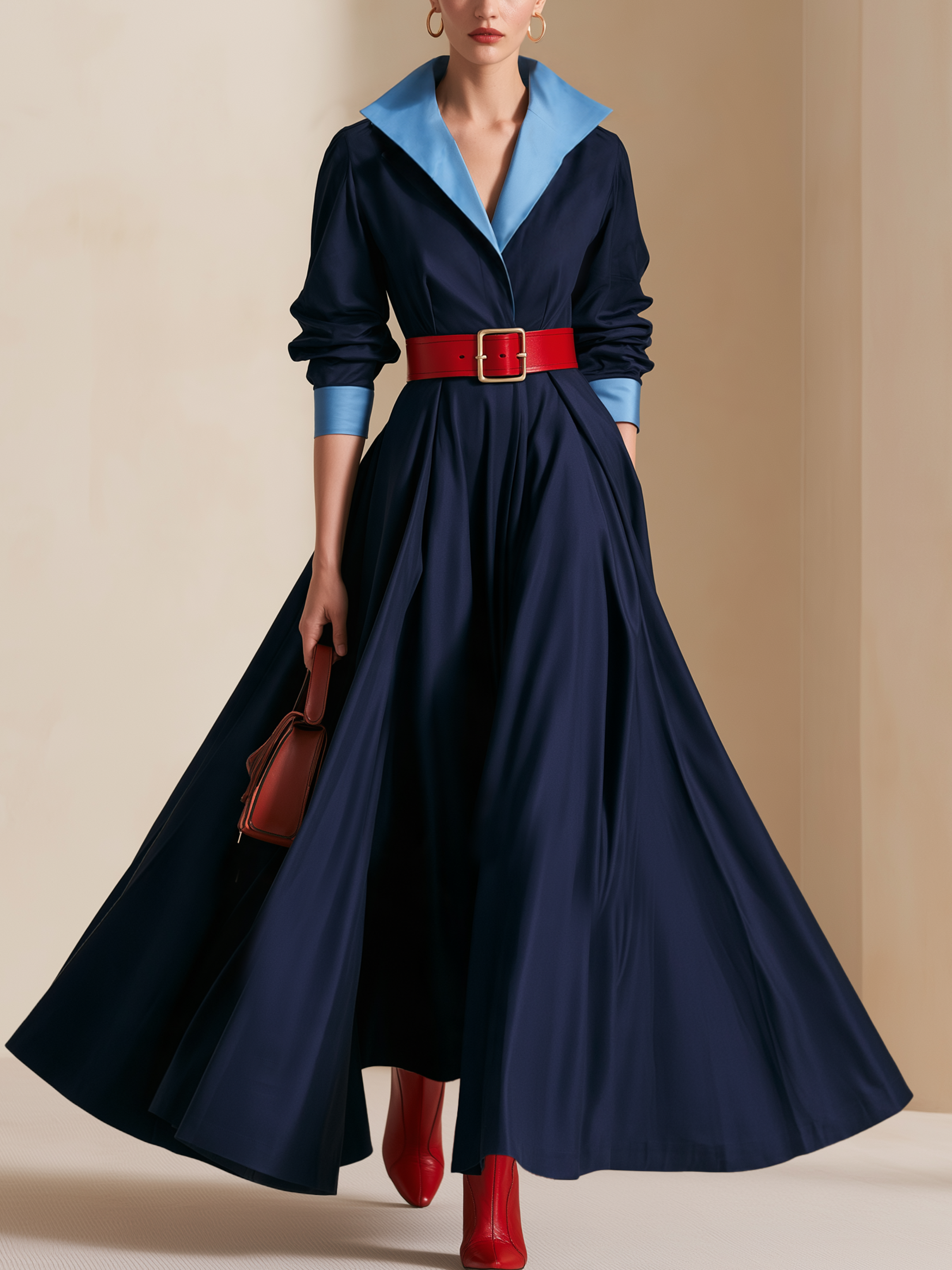 Color‑Contrast Collar Belted Full‑Skirt Maxi Shirt Dress
