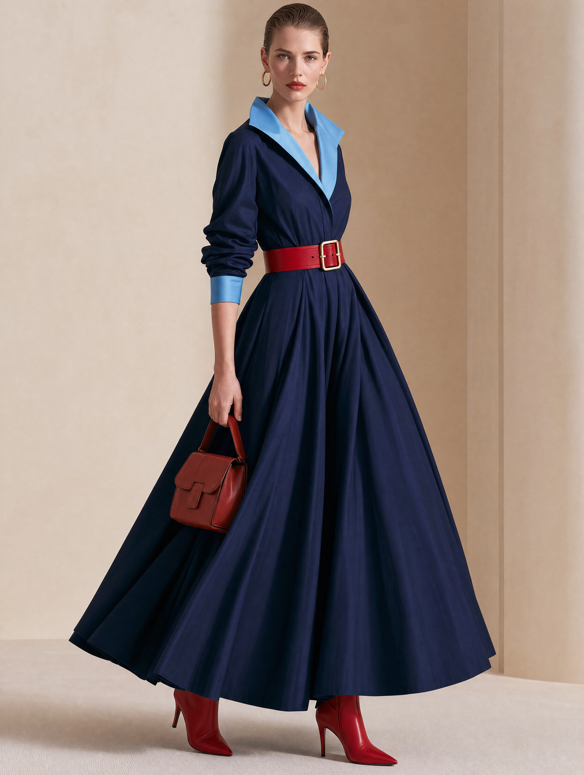 Color‑Contrast Collar Belted Full‑Skirt Maxi Shirt Dress
