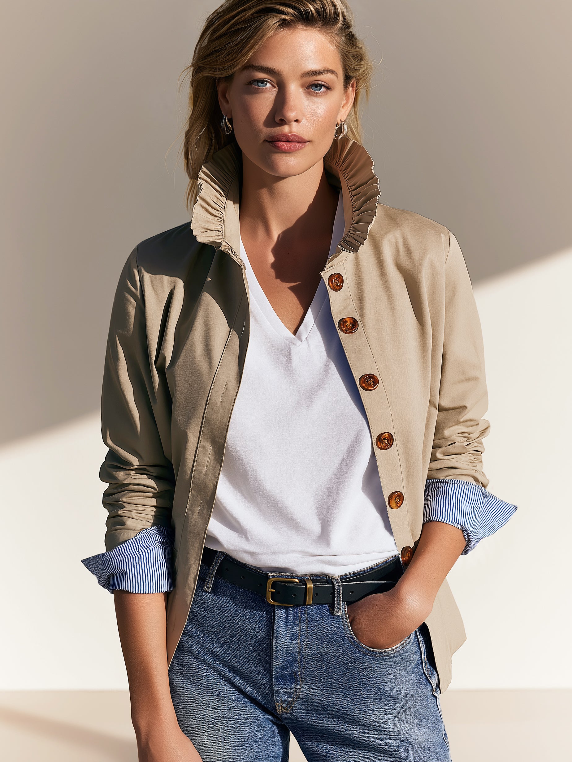 Khaki Ruffle‑Collared Jacket Outerwear