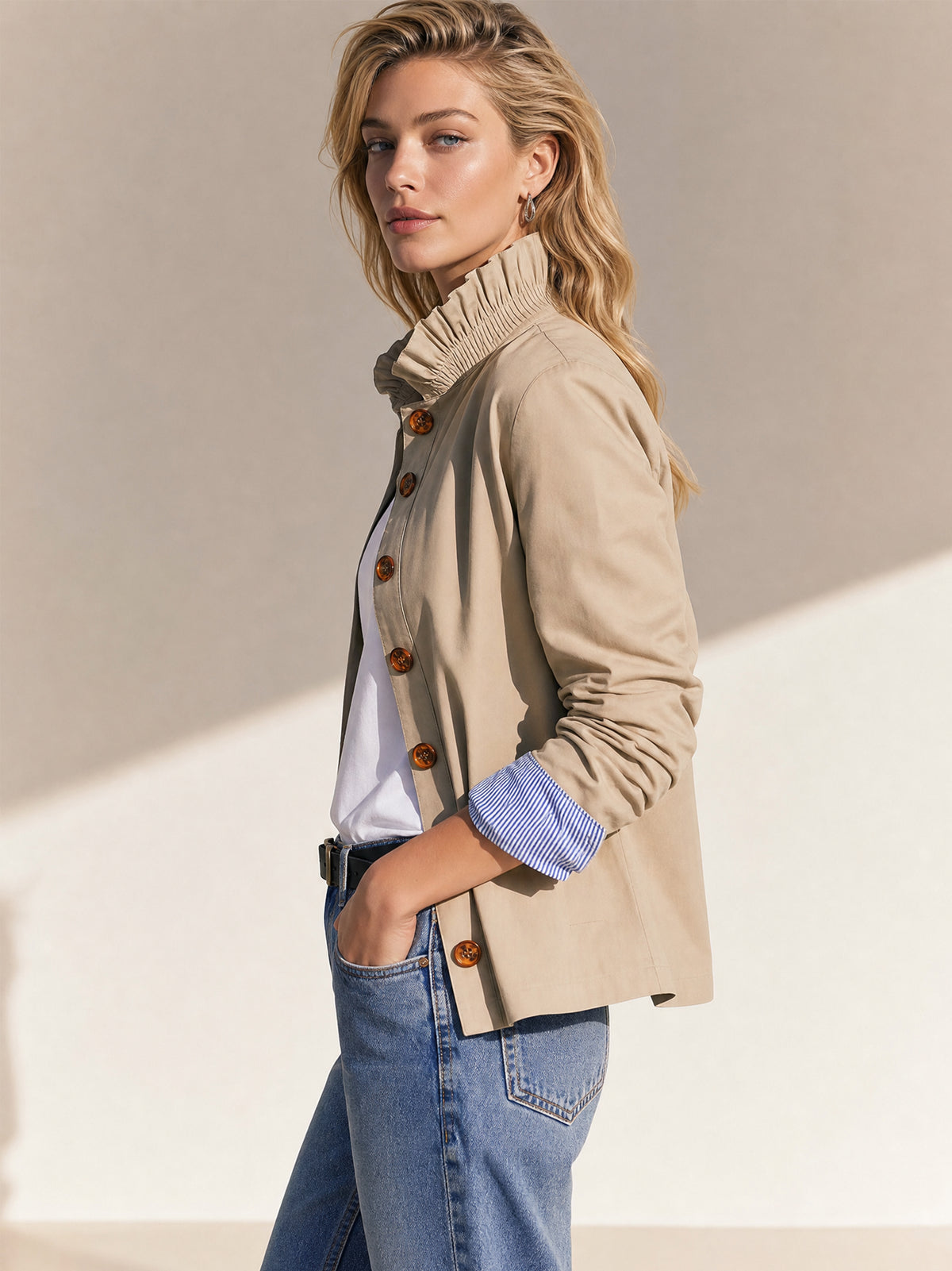 Khaki Ruffle‑Collared Jacket Outerwear