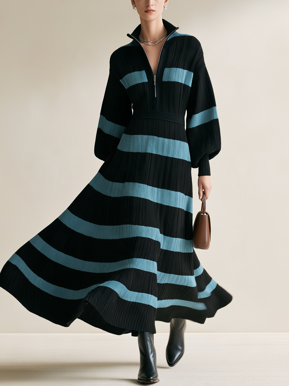 Color‑Block Half‑Zip Collar Striped Waisted Knit Maxi Dress