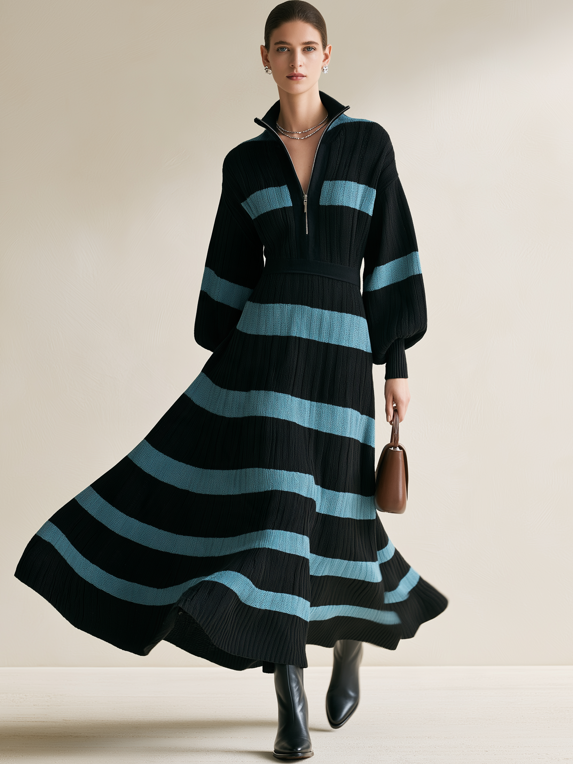 Color‑Block Half‑Zip Collar Striped Waisted Knit Maxi Dress