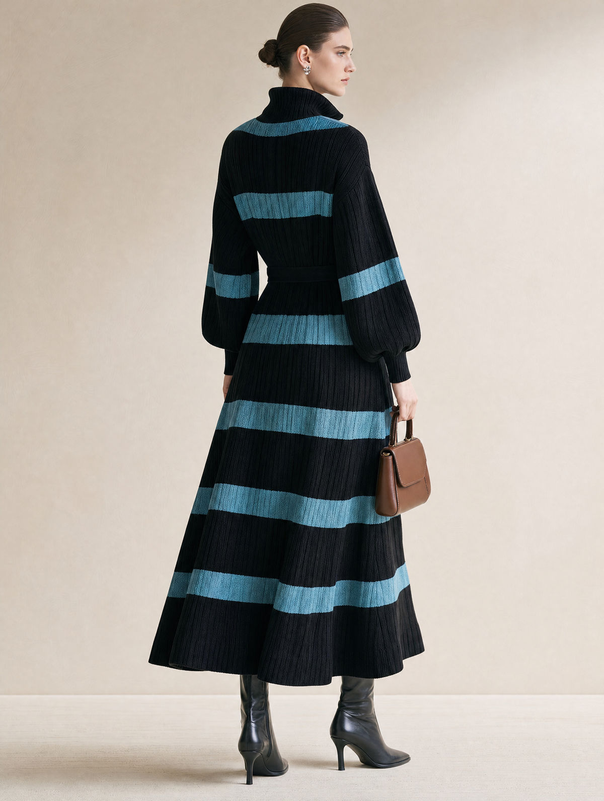 Color‑Block Half‑Zip Collar Striped Waisted Knit Maxi Dress