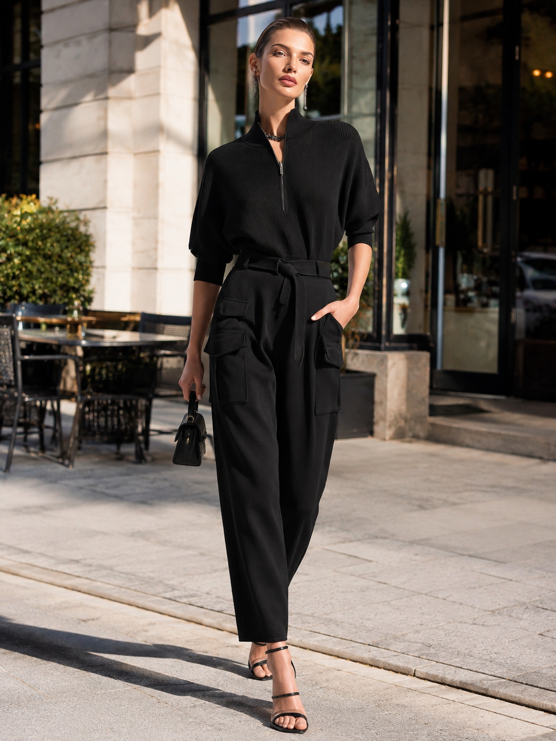 Elegant Black Ribbed Knit Jumpsuit