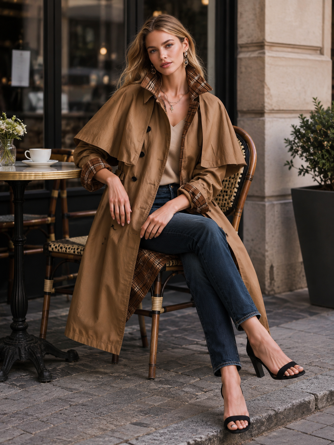 Camel Cape Trench Coat With Plaid Lining And Button Front