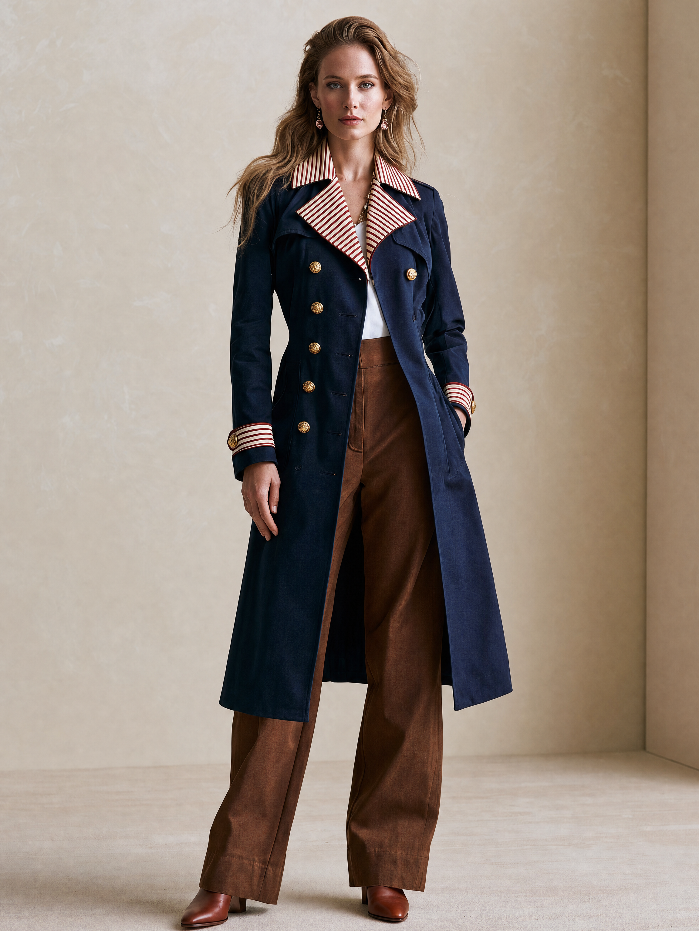 Elegant Navy Contrast-Stripe Double-Breasted Trench Coat