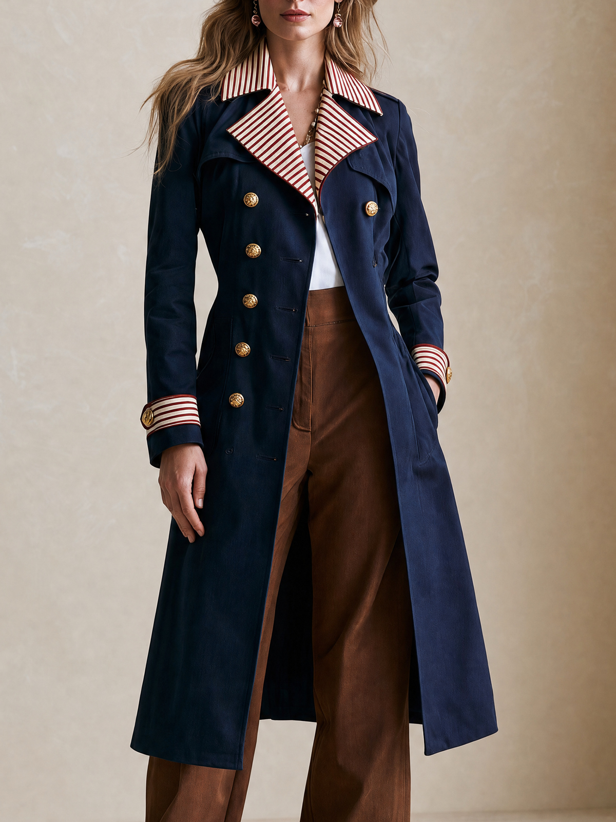 Elegant Navy Contrast-Stripe Double-Breasted Trench Coat