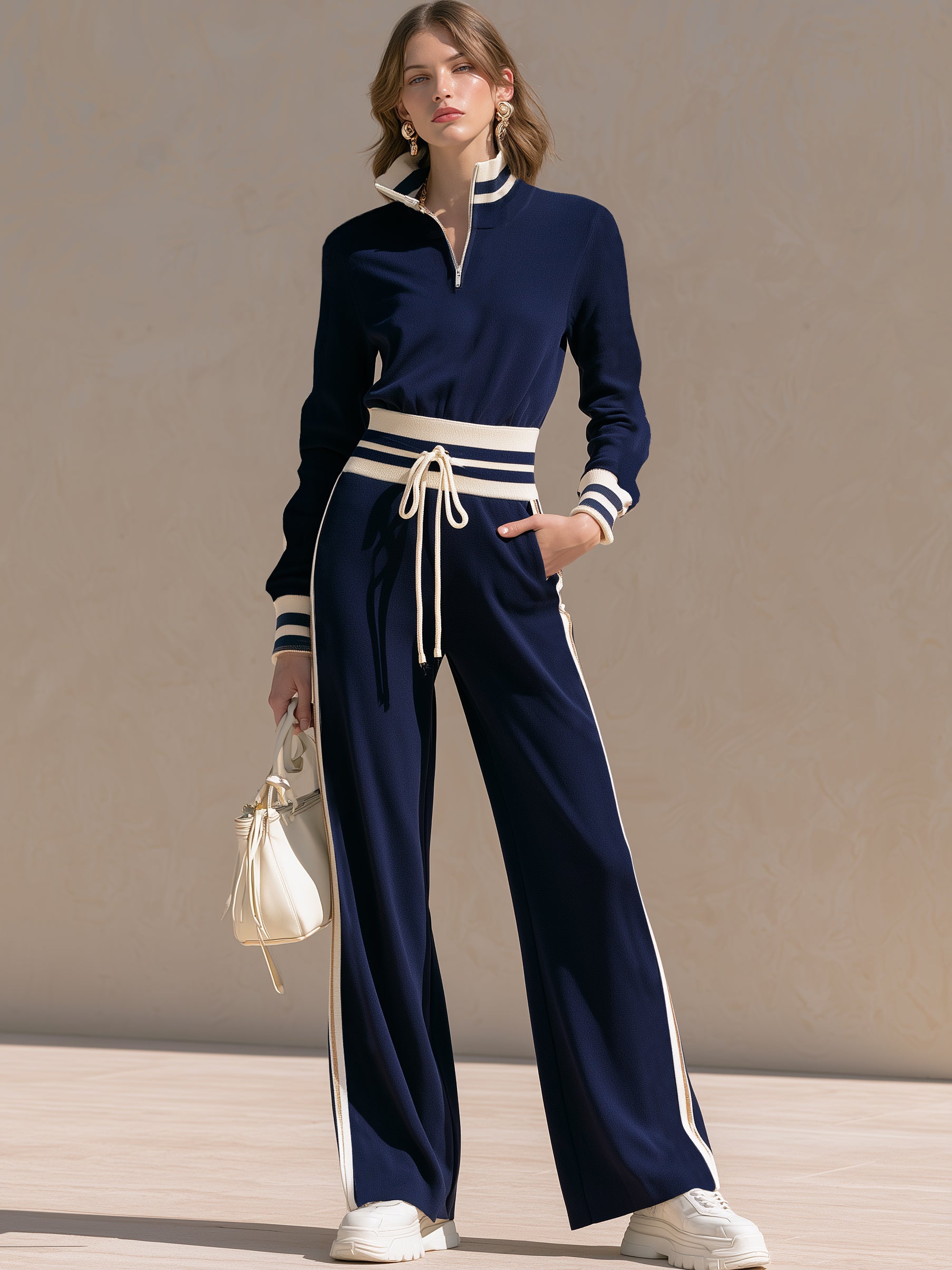 Half‑Zip Stand‑Collar Drawstring Waist Jumpsuit