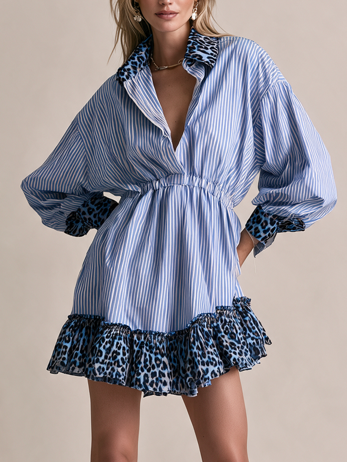 Elegant Blue Stripe & Navy Leopard-Print V-Neck Mini Dress