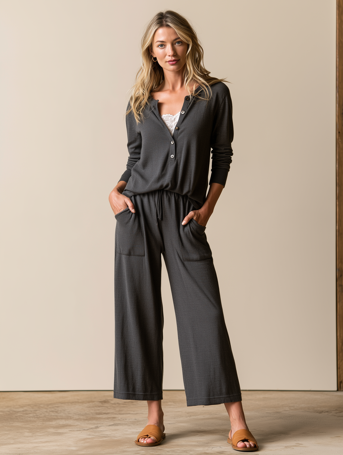 Charcoal Button-Front Knit Top And Wide-Leg Pants Set