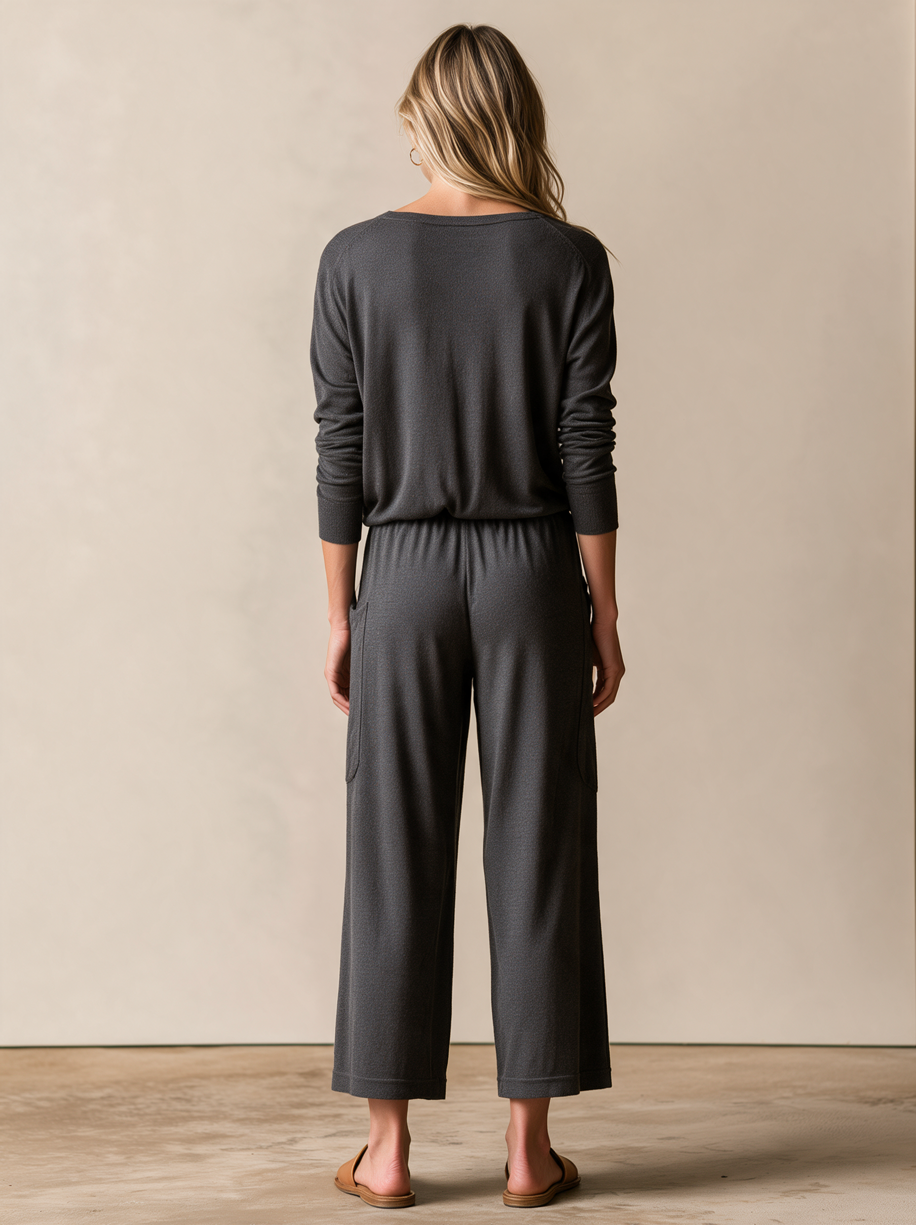 Charcoal Button-Front Knit Top And Wide-Leg Pants Set