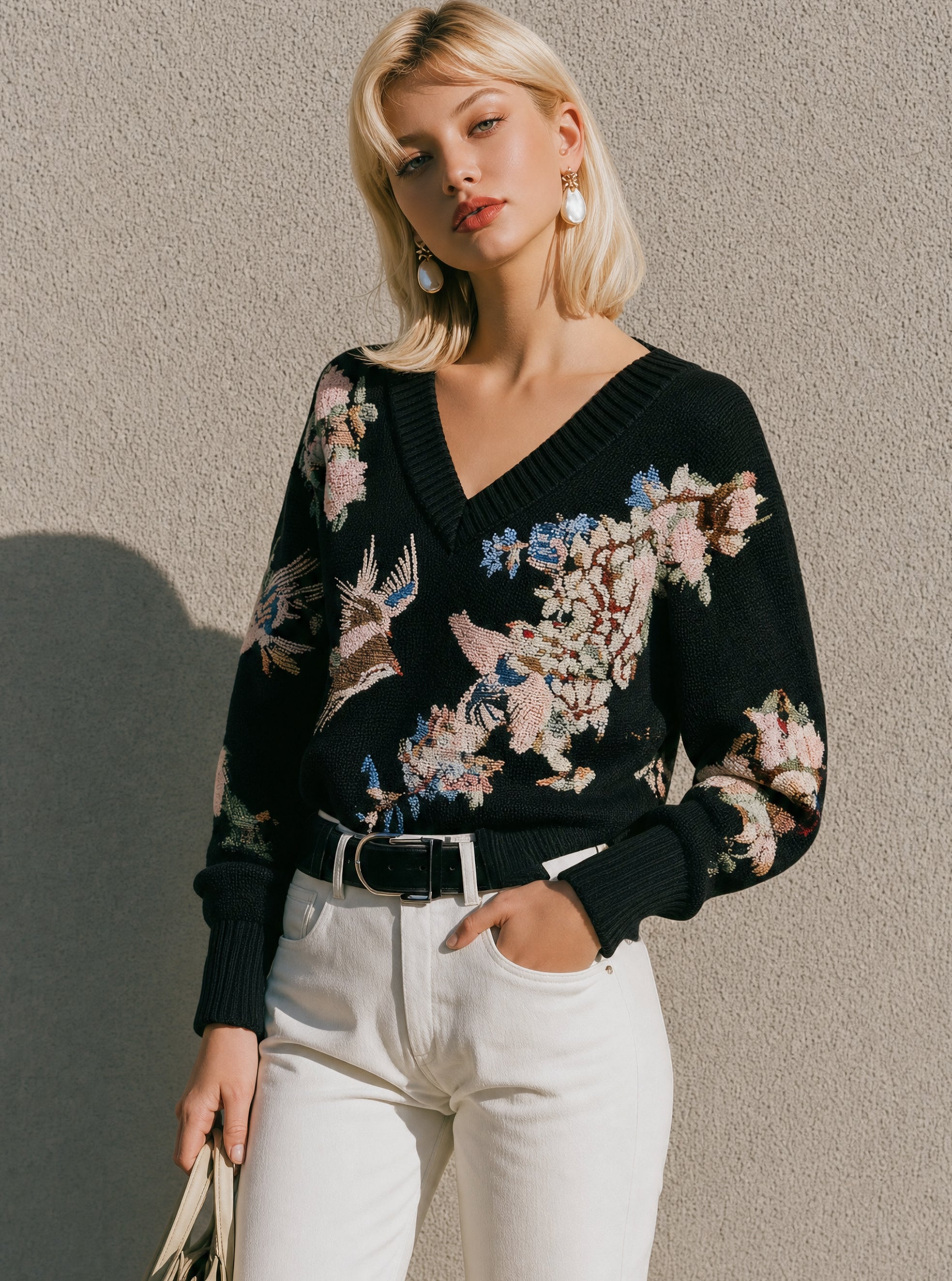 Black V‑Neck Bird‑Floral Knit Sweater